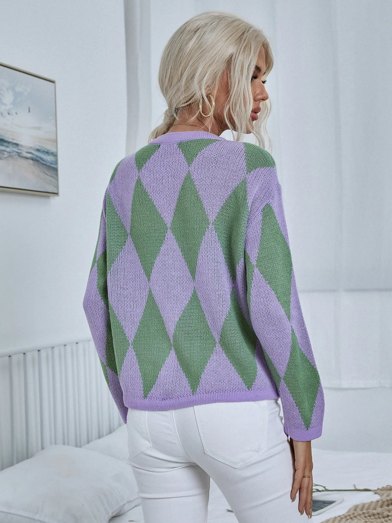 Casual Geometric Button Front Long Sleeve Round Neck Regular Women Cardigan