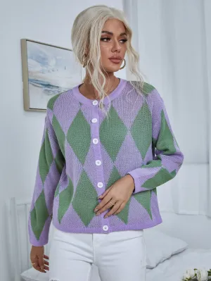 Casual Geometric Button Front Long Sleeve Round Neck Regular Women Cardigan