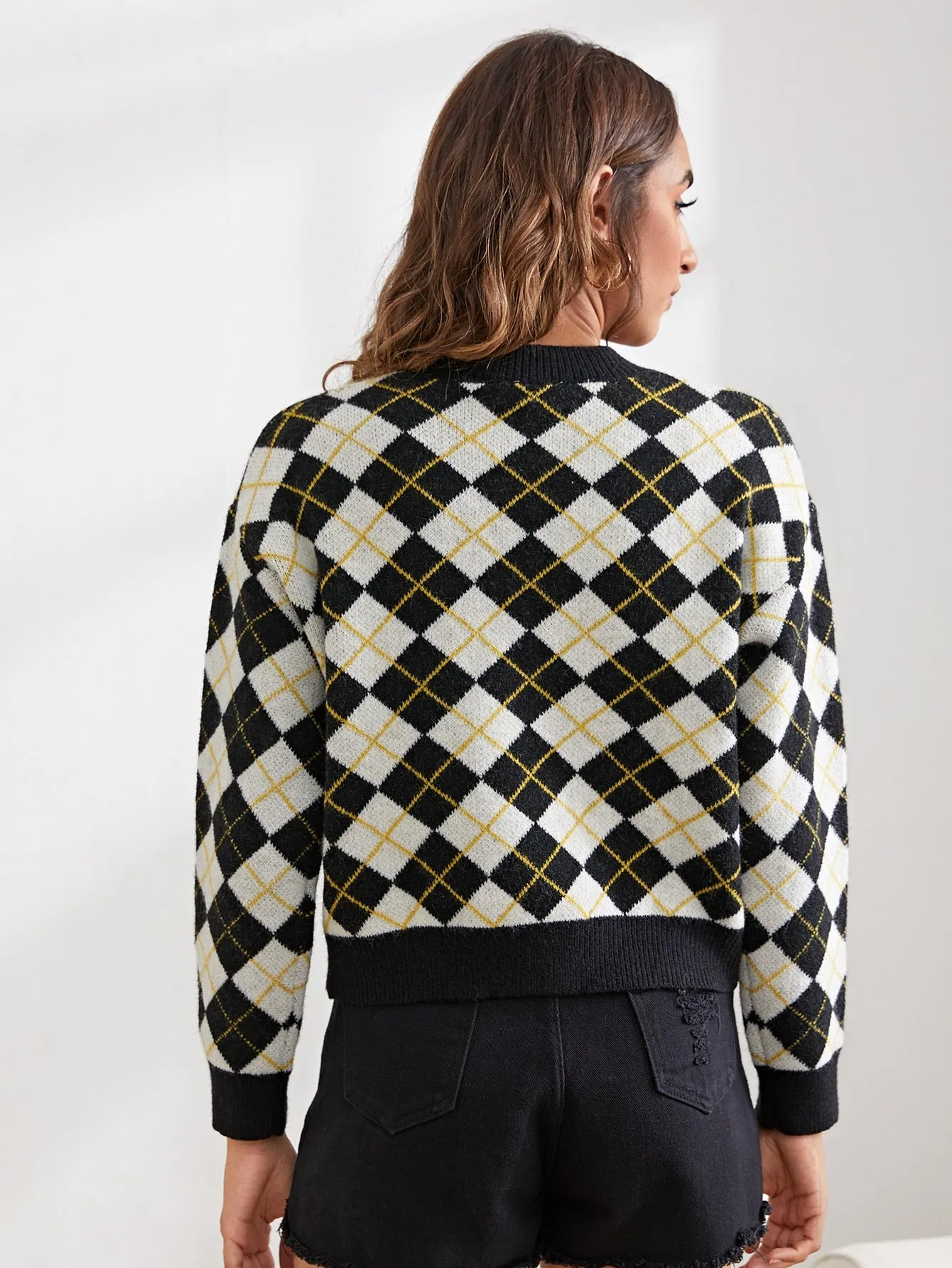 Casual Geometric Button Front Long Sleeve V Neck Crop Women Cardigan