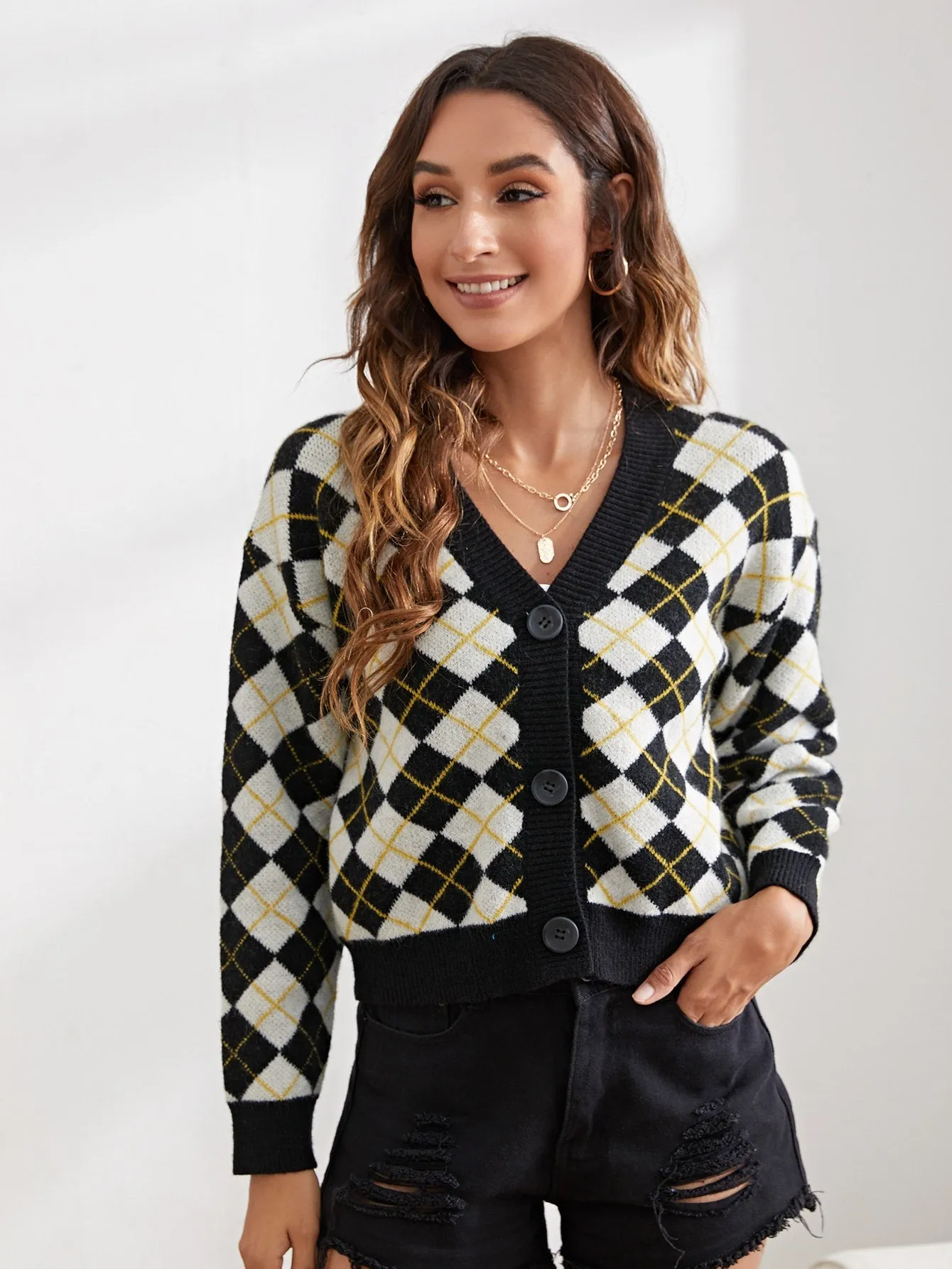 Casual Geometric Button Front Long Sleeve V Neck Crop Women Cardigan