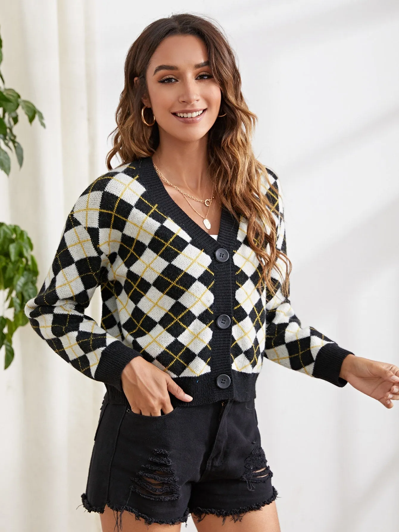 Casual Geometric Button Front Long Sleeve V Neck Crop Women Cardigan