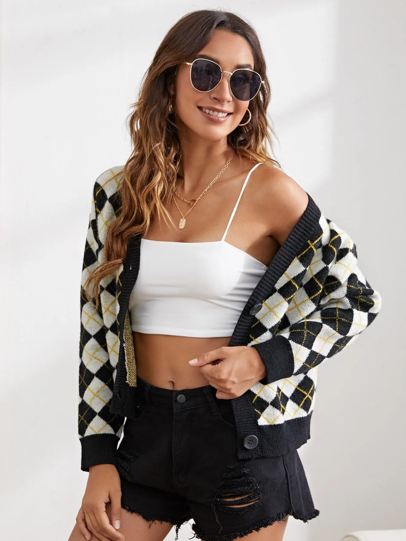 Casual Geometric Button Front Long Sleeve V Neck Crop Women Cardigan