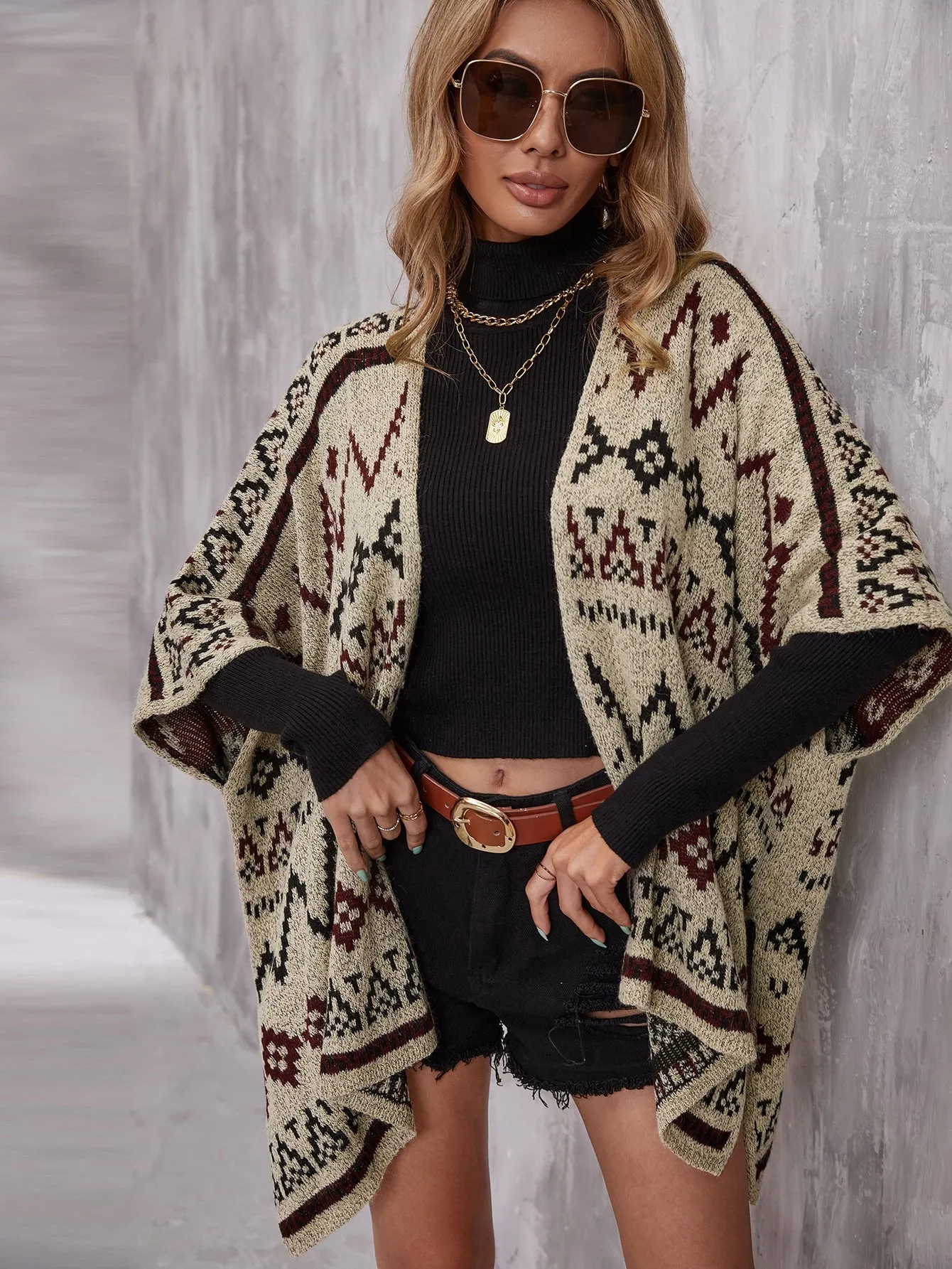 Casual Geometric Long Sleeve Asymmetrical Short Women Cardigan