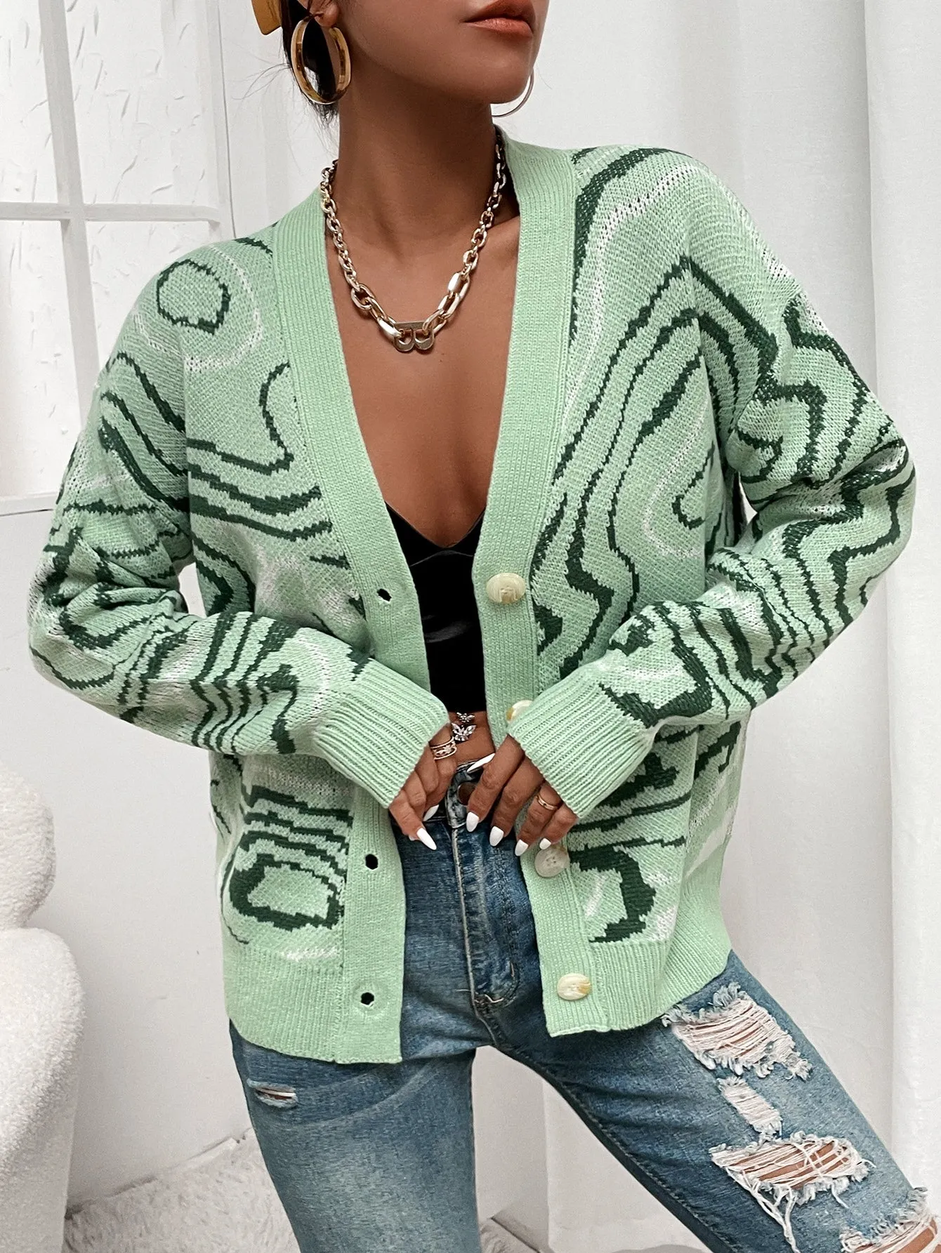 Casual Graphic Button Front Long Sleeve V Neck Regular Women Cardigan