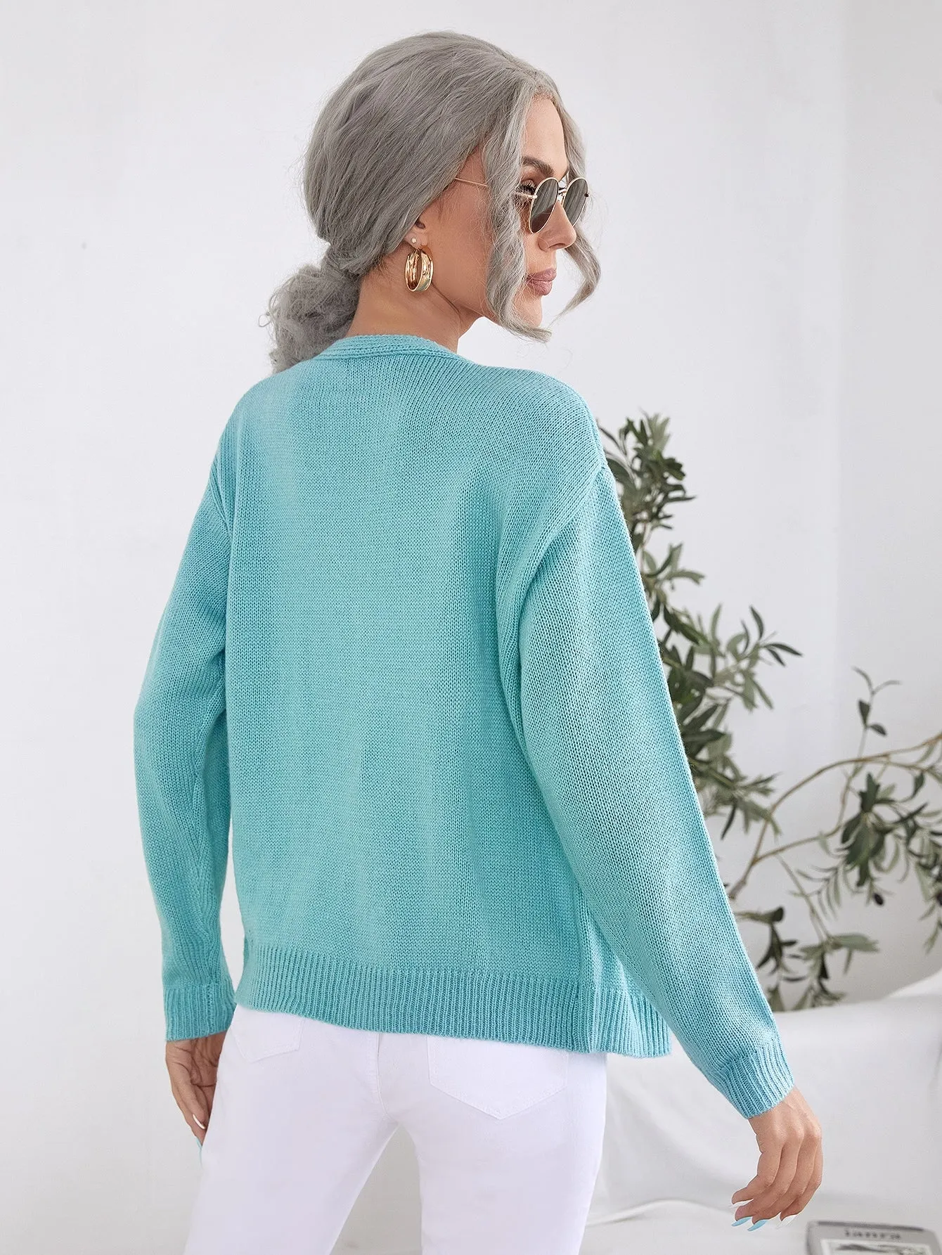 Casual Plain Button Long Sleeve Deep V Neck Regular Women Cardigan