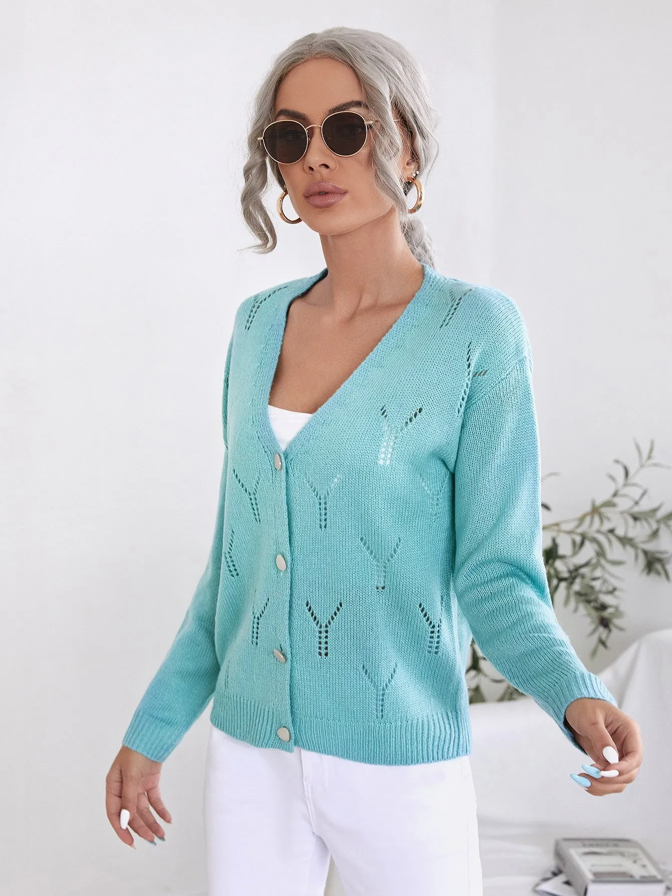 Casual Plain Button Long Sleeve Deep V Neck Regular Women Cardigan
