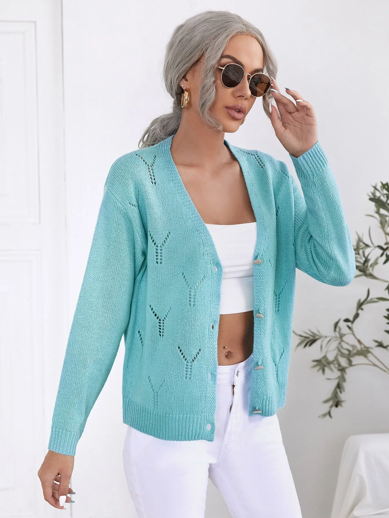 Casual Plain Button Long Sleeve Deep V Neck Regular Women Cardigan