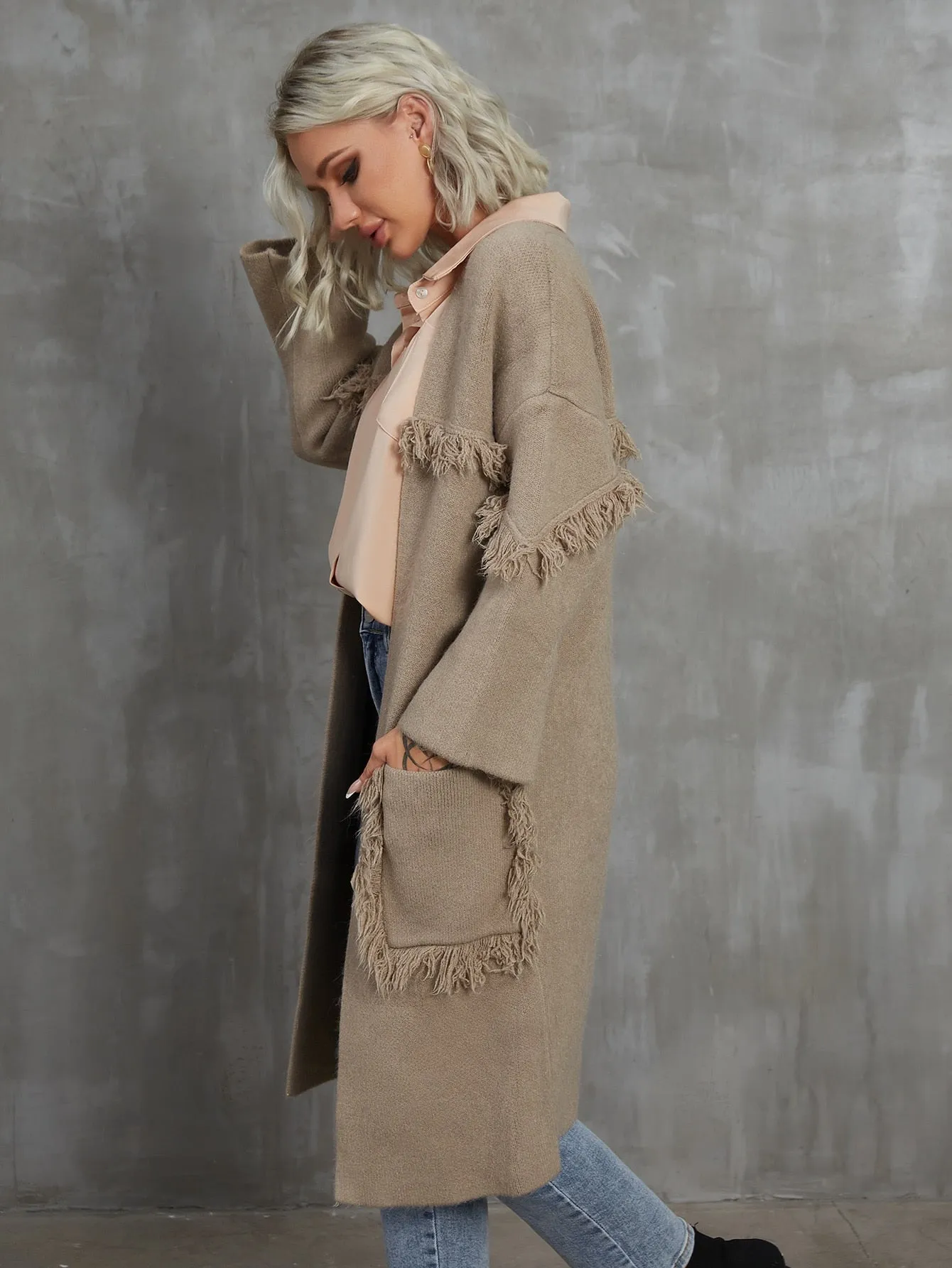 Casual Plain Pocket Long Sleeve Midi Women Cardigan