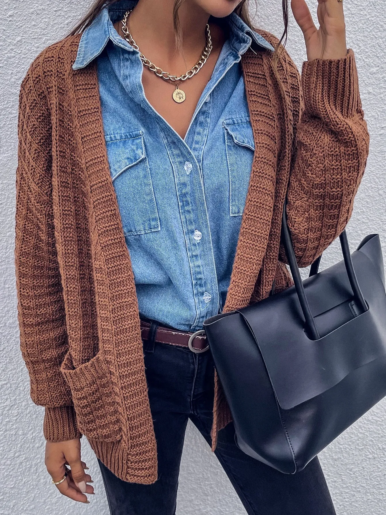 Casual Plain Pocket Long Sleeve Regular Women Cardigan