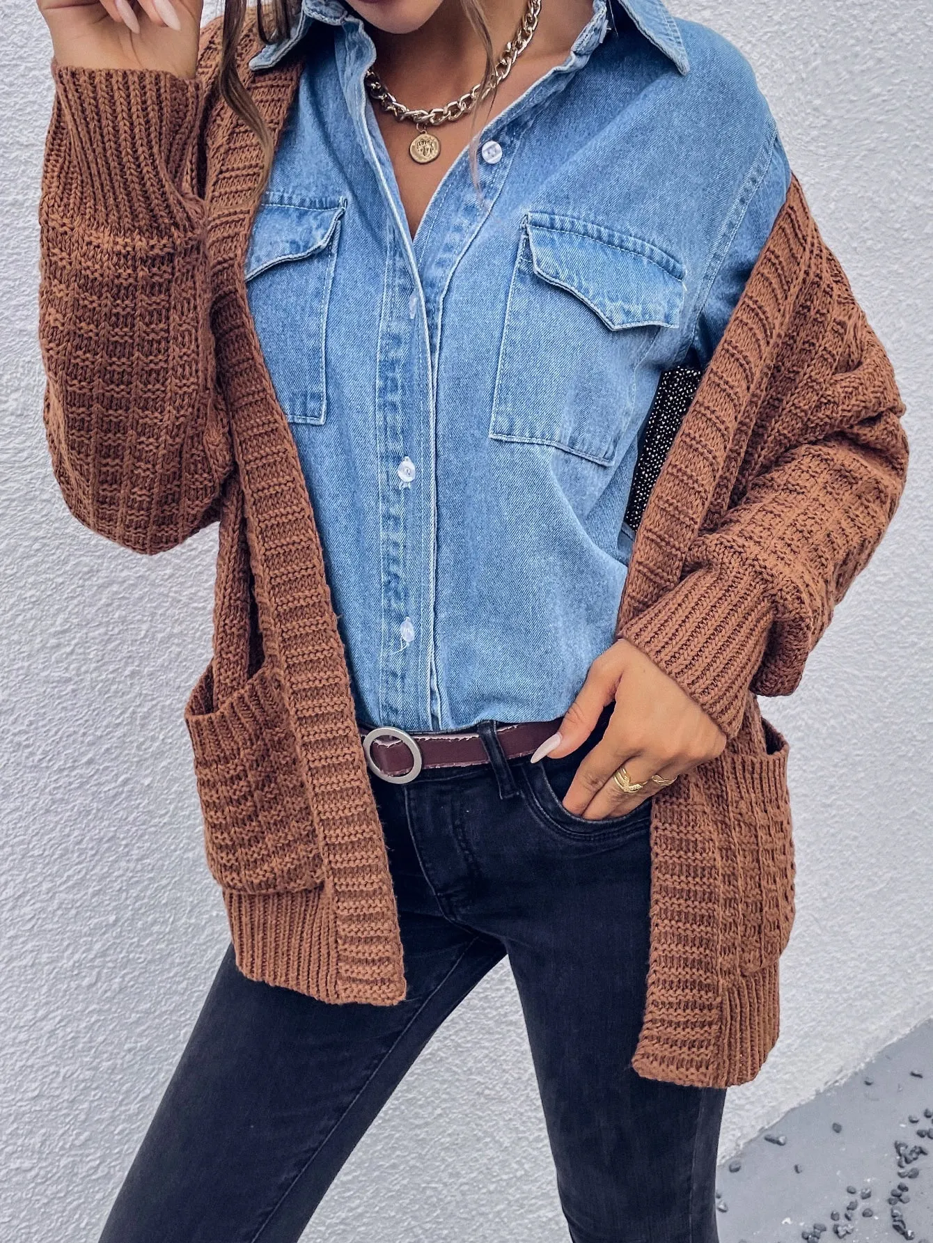 Casual Plain Pocket Long Sleeve Regular Women Cardigan