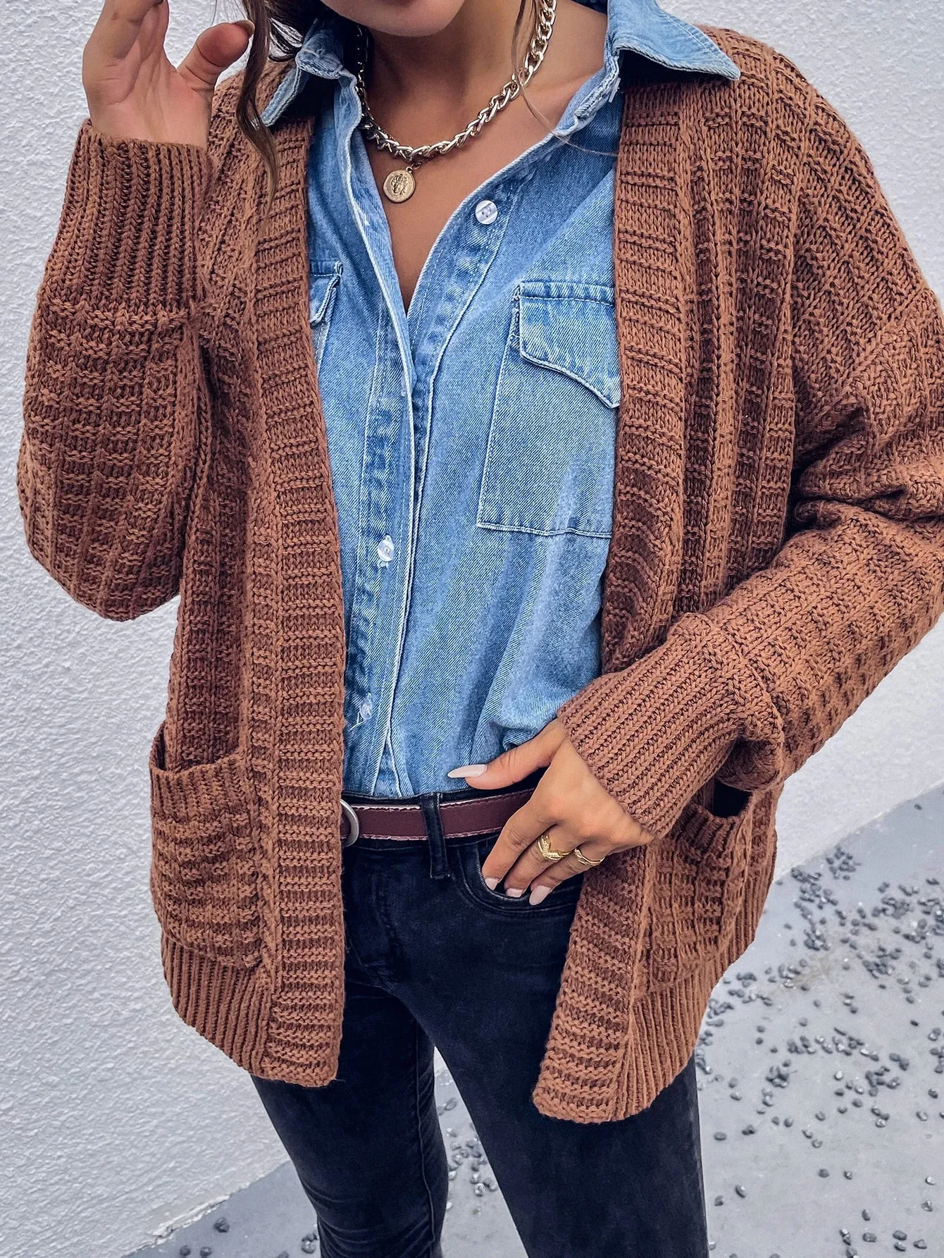 Casual Plain Pocket Long Sleeve Regular Women Cardigan