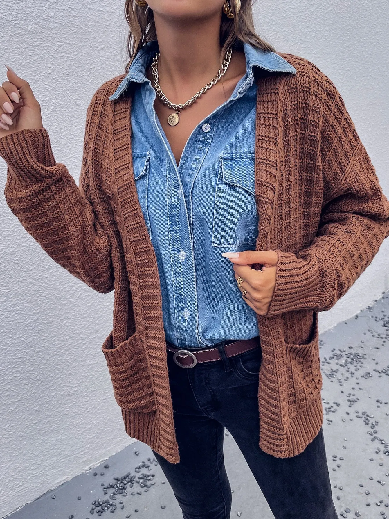 Casual Plain Pocket Long Sleeve Regular Women Cardigan