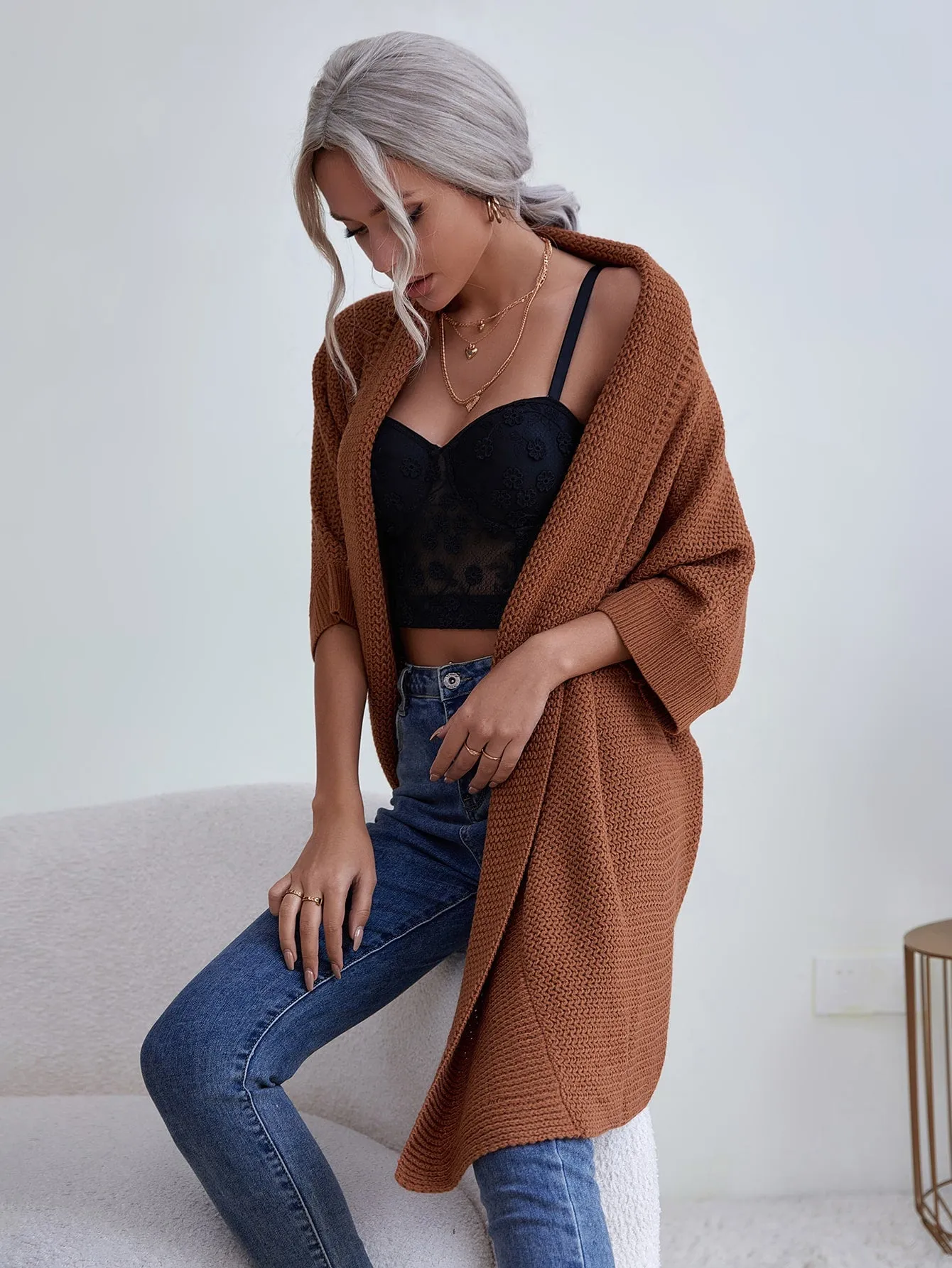 Casual Plain Three Quarter Length Sleeve Short Women Cardigan