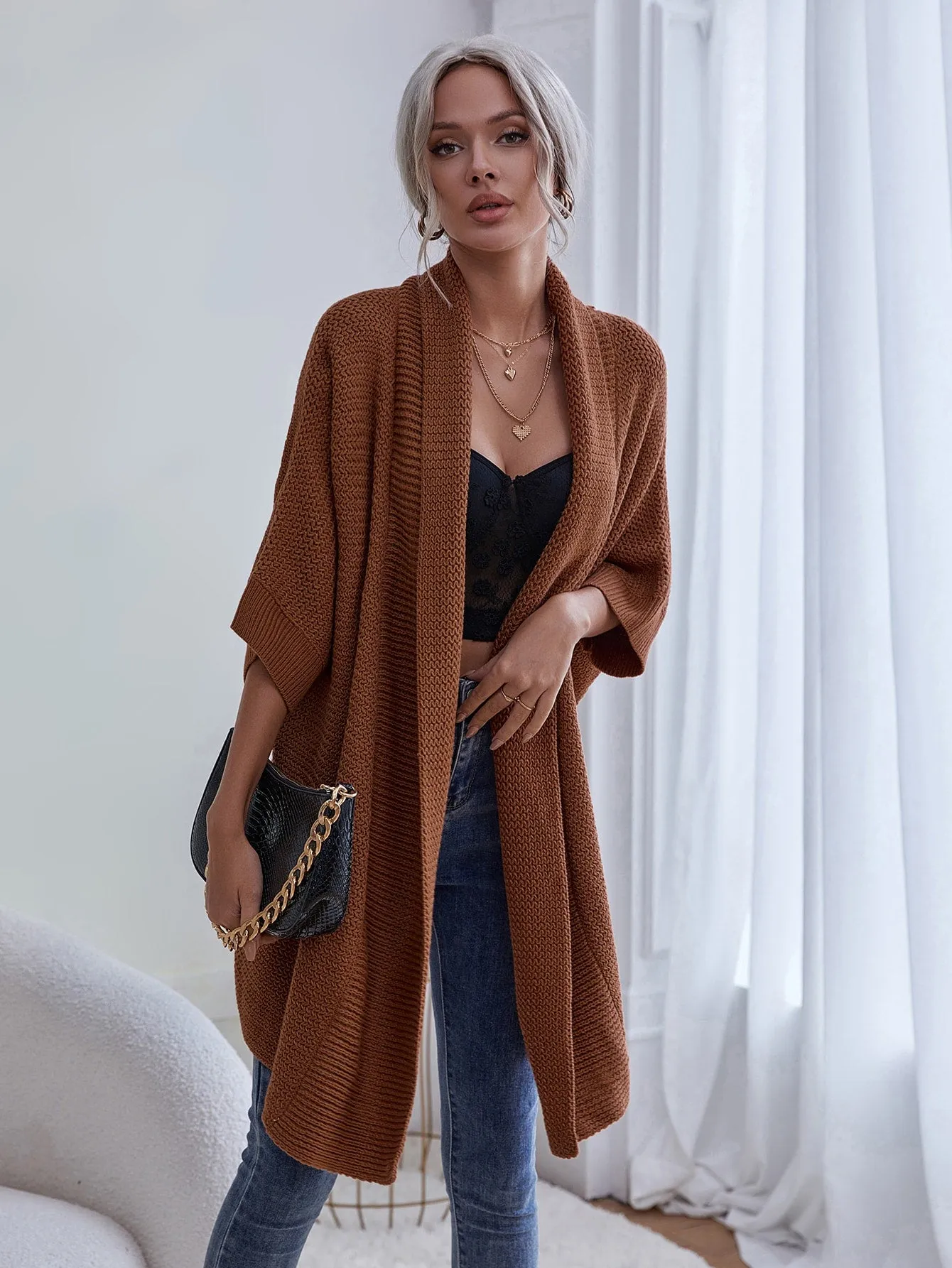 Casual Plain Three Quarter Length Sleeve Short Women Cardigan