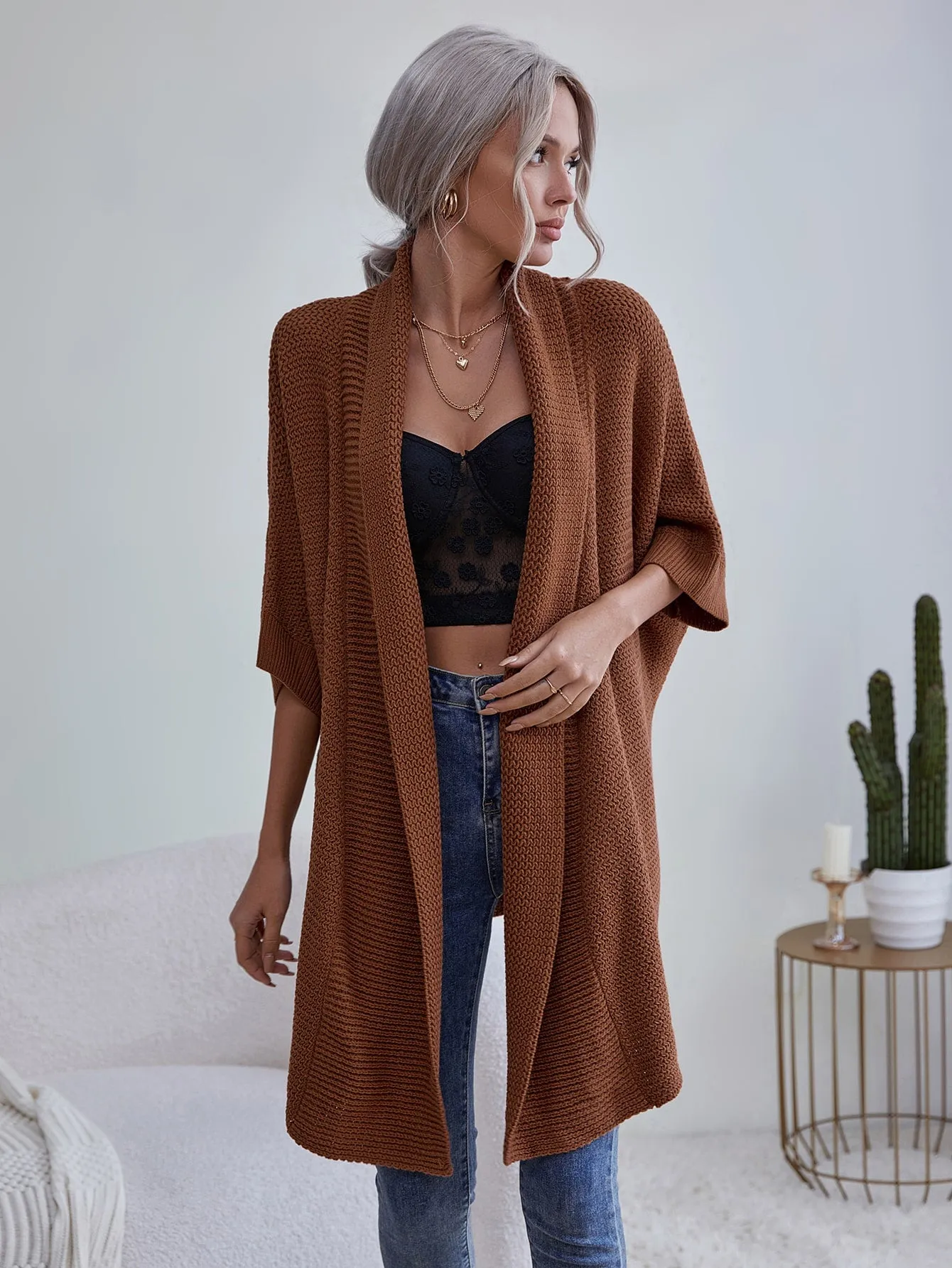 Casual Plain Three Quarter Length Sleeve Short Women Cardigan
