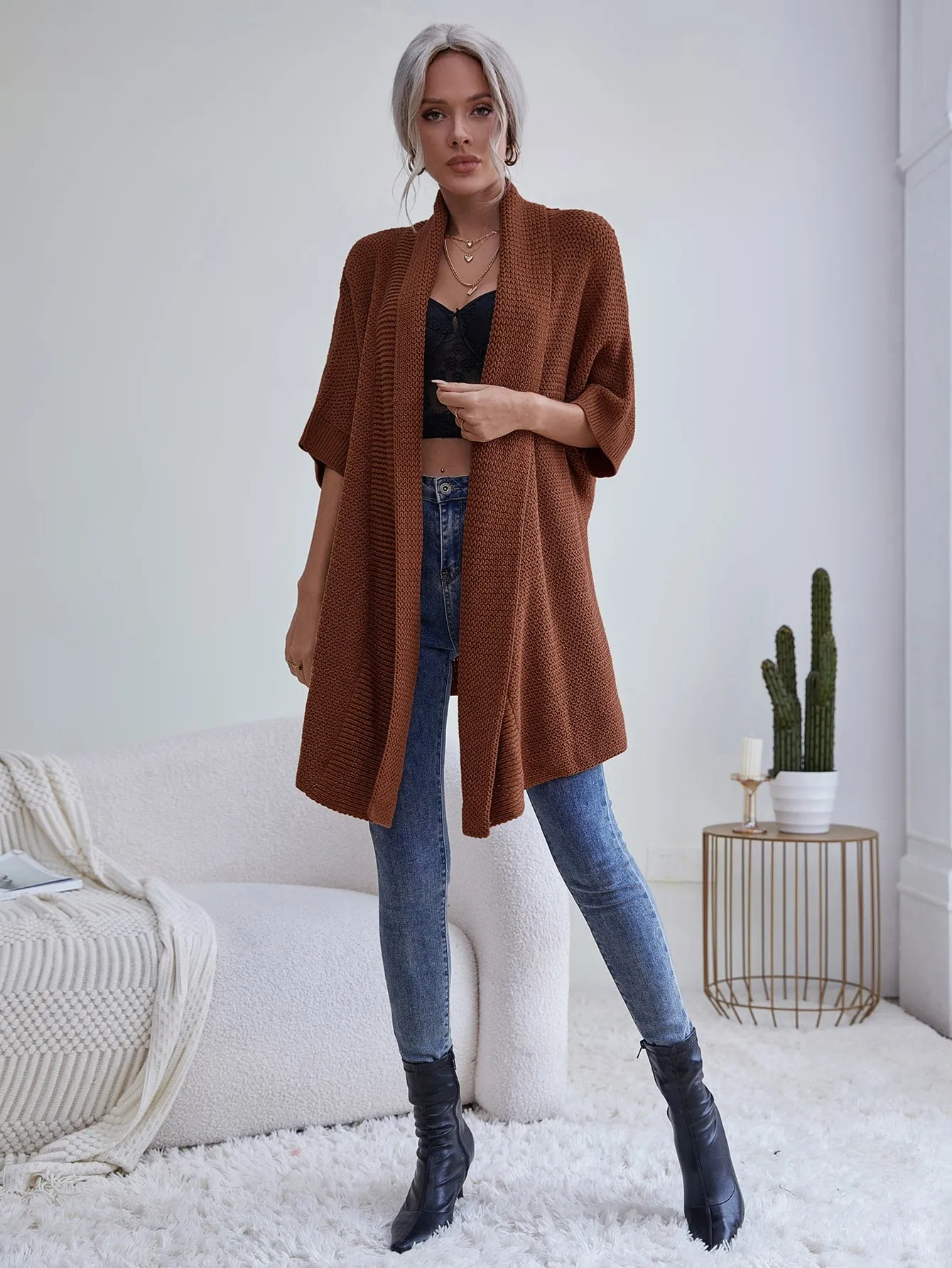 Casual Plain Three Quarter Length Sleeve Short Women Cardigan