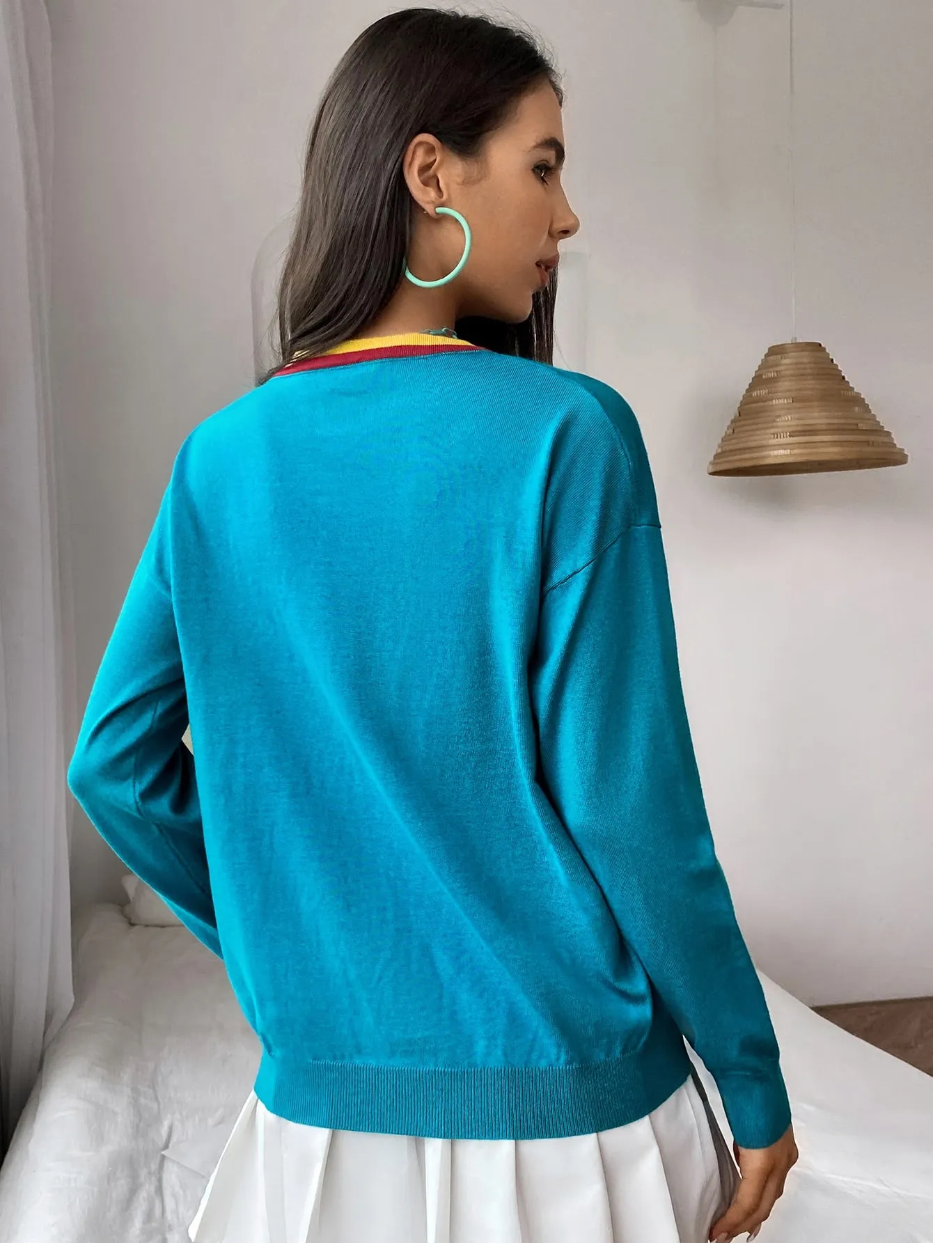 Casual Striped Button Front Long Sleeve V Neck Regular Women Cardigan