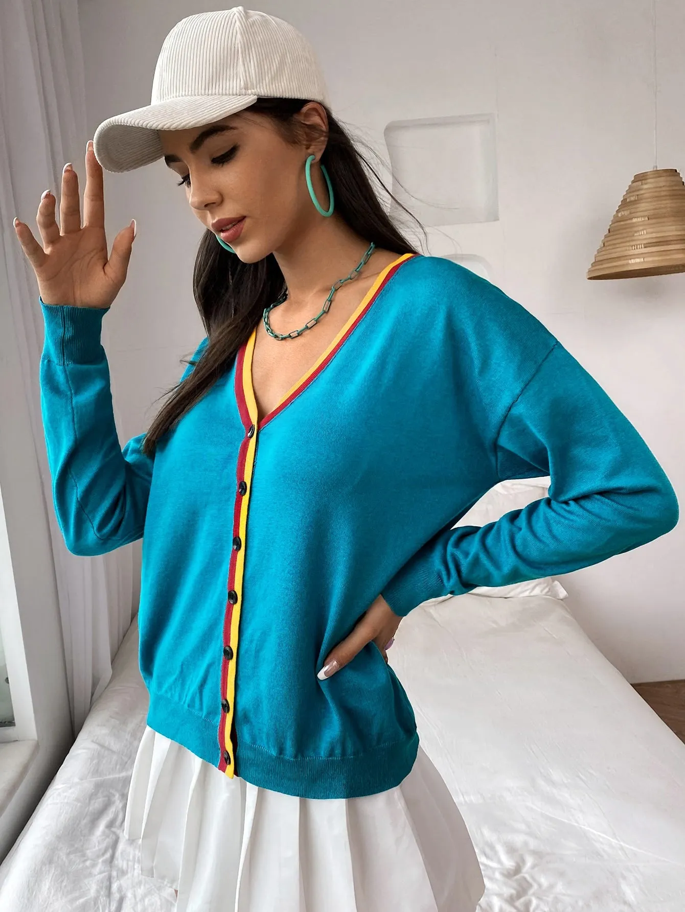 Casual Striped Button Front Long Sleeve V Neck Regular Women Cardigan