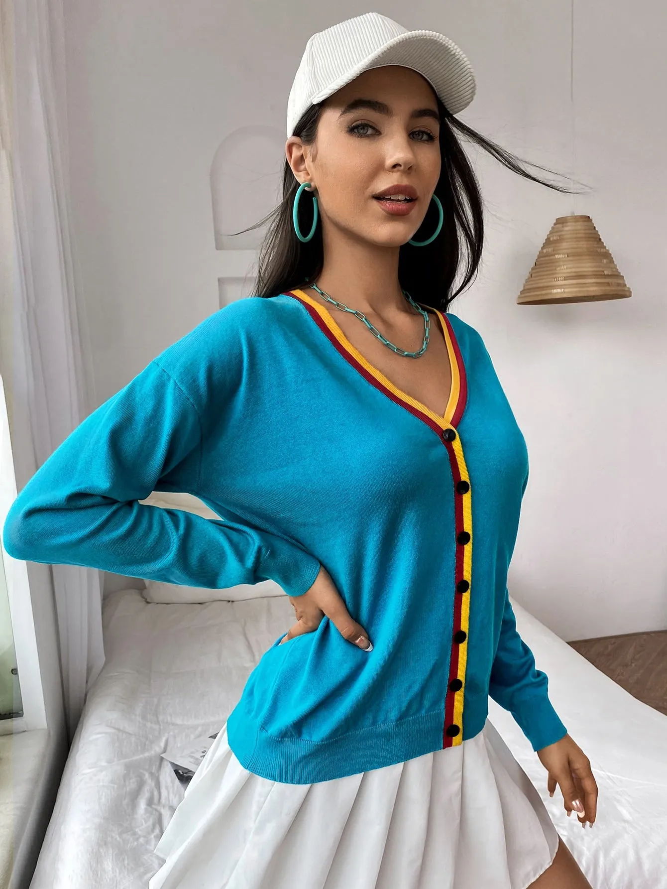 Casual Striped Button Front Long Sleeve V Neck Regular Women Cardigan