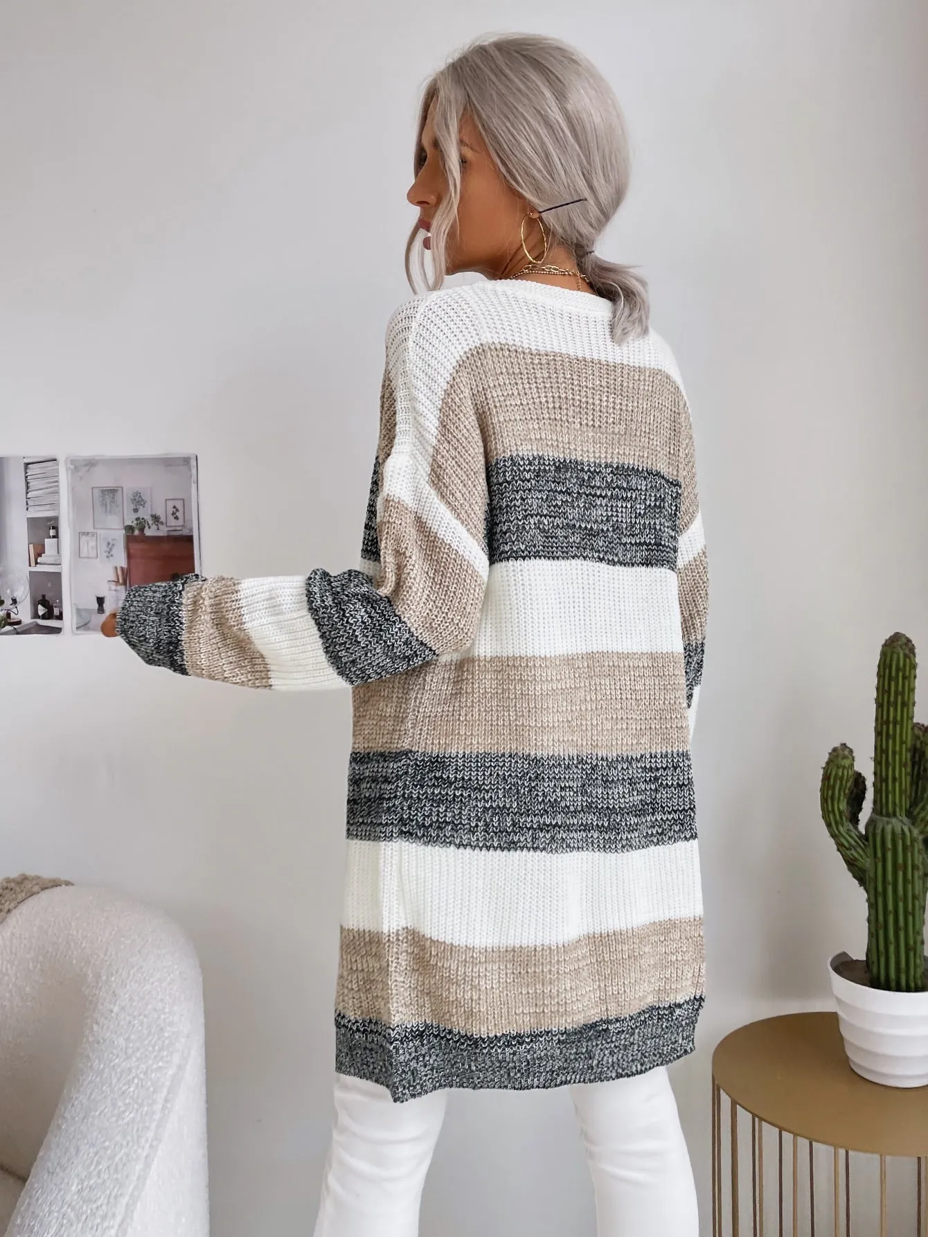 Color Block Open Front Batwing Sleeve Longline Cardigan