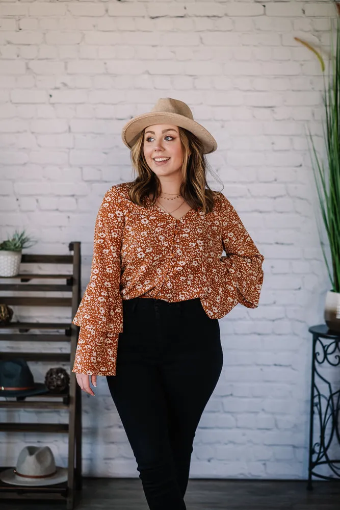 Crisp Fall Floral Print Bell Sleeve Bodysuit