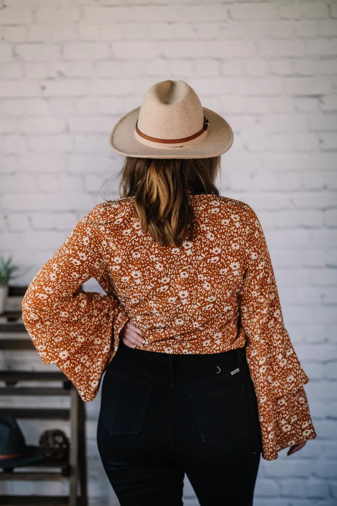 Crisp Fall Floral Print Bell Sleeve Bodysuit
