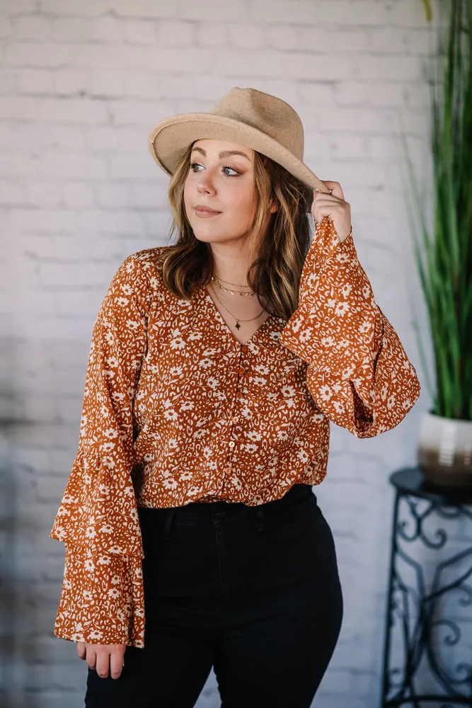 Crisp Fall Floral Print Bell Sleeve Bodysuit