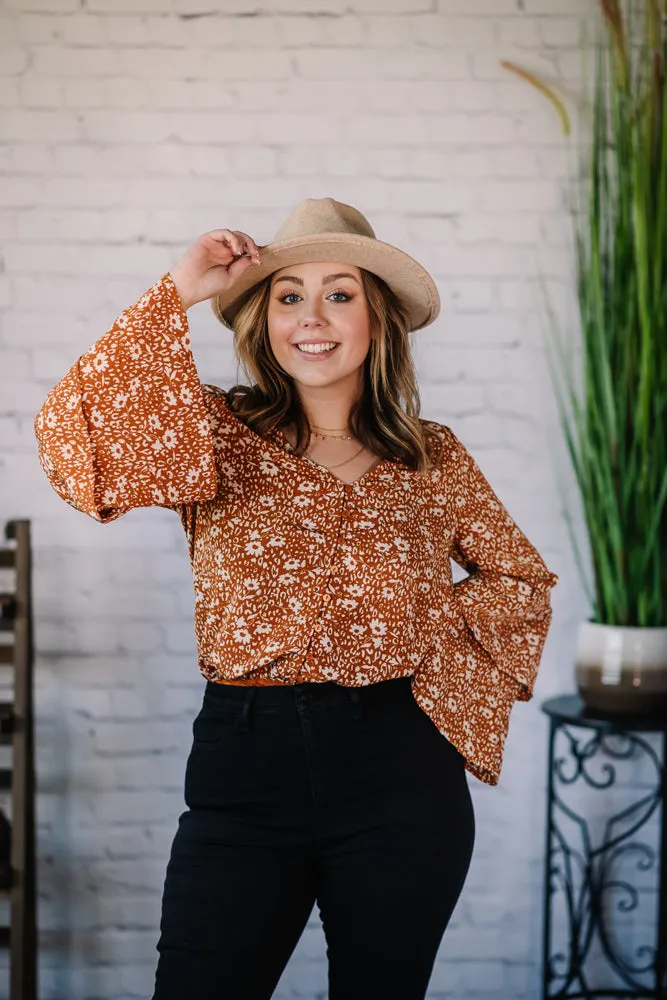 Crisp Fall Floral Print Bell Sleeve Bodysuit