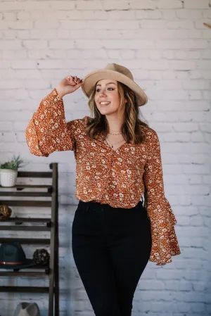 Crisp Fall Floral Print Bell Sleeve Bodysuit