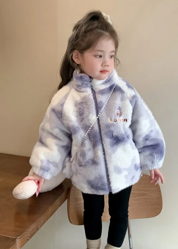 Cute Purple Stand Collar Embroideried Zippered Kids Mink Velvet Coats WinterTG028