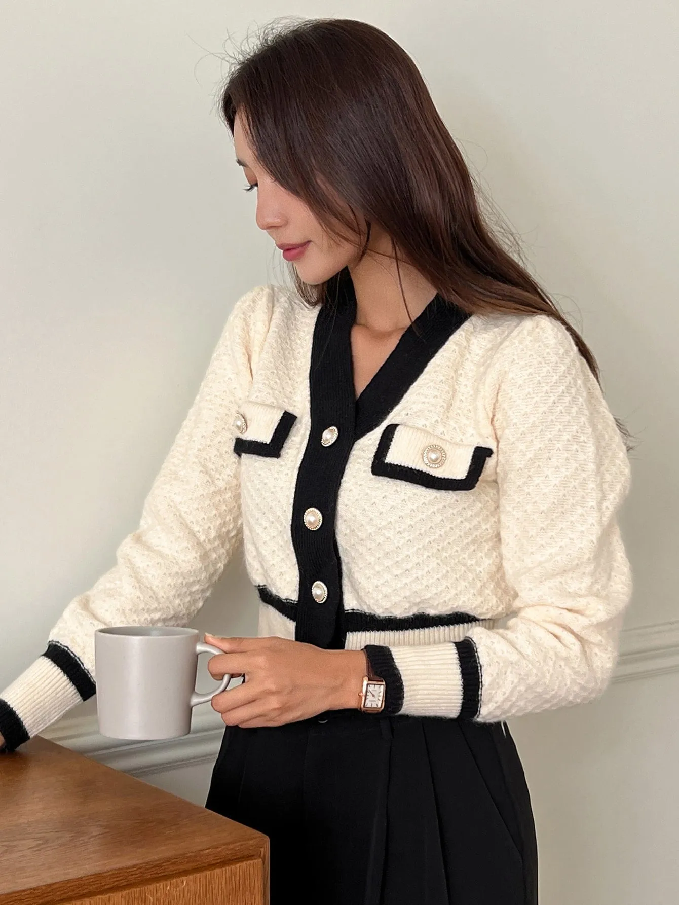 DAZY Contrast Trim Button Front Cardigan