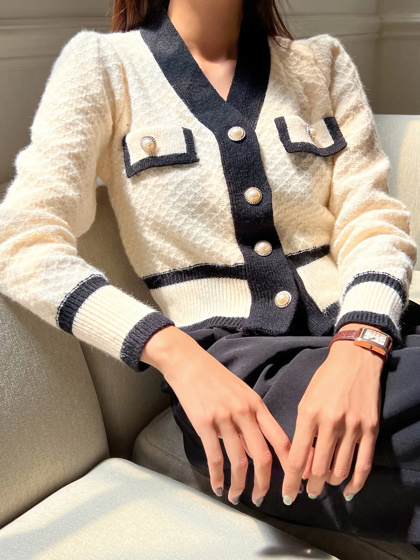 DAZY Contrast Trim Button Front Cardigan