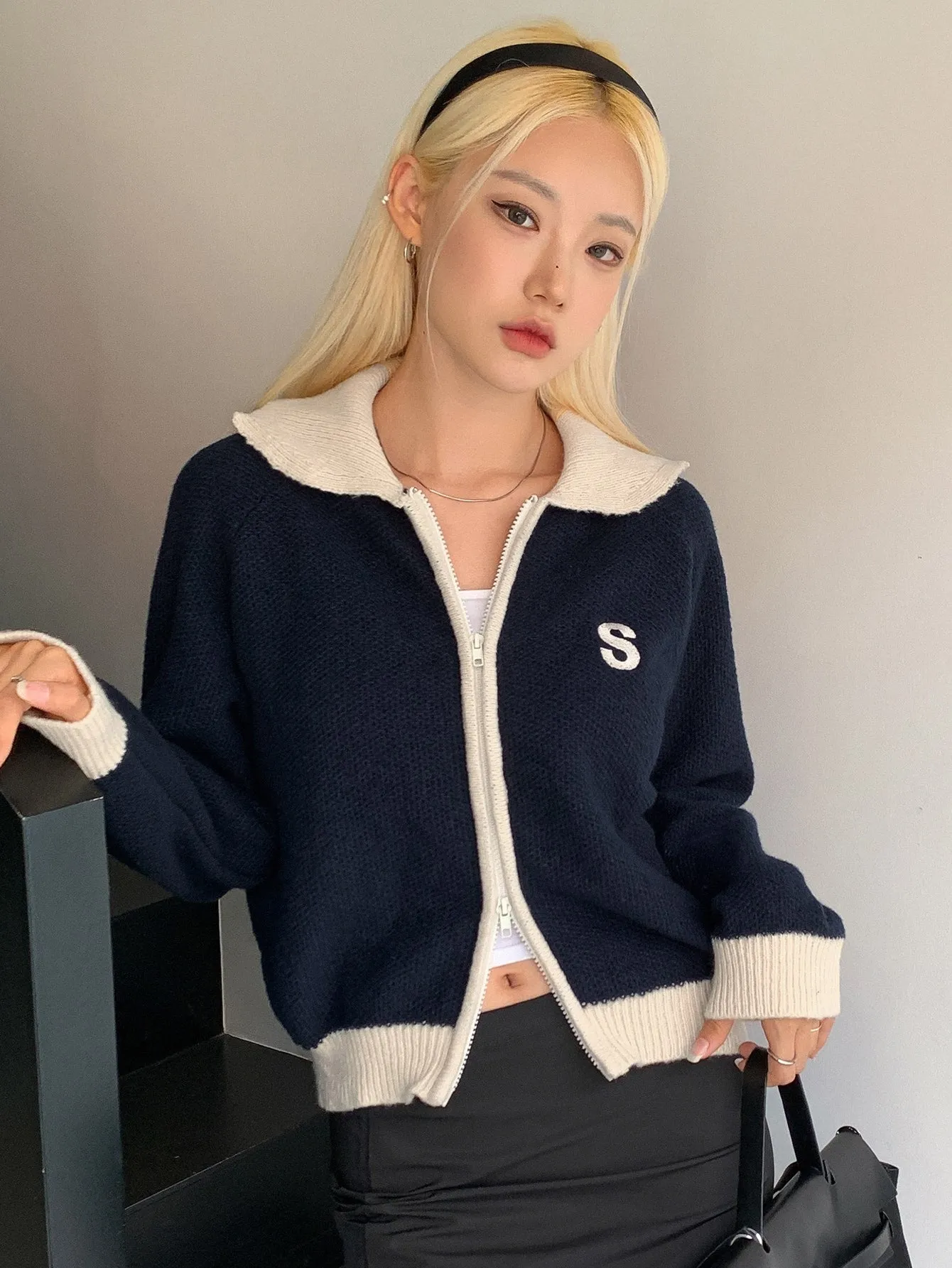 DAZY Letter Embroidered Contrast Trim Raglan Sleeve Cardigan