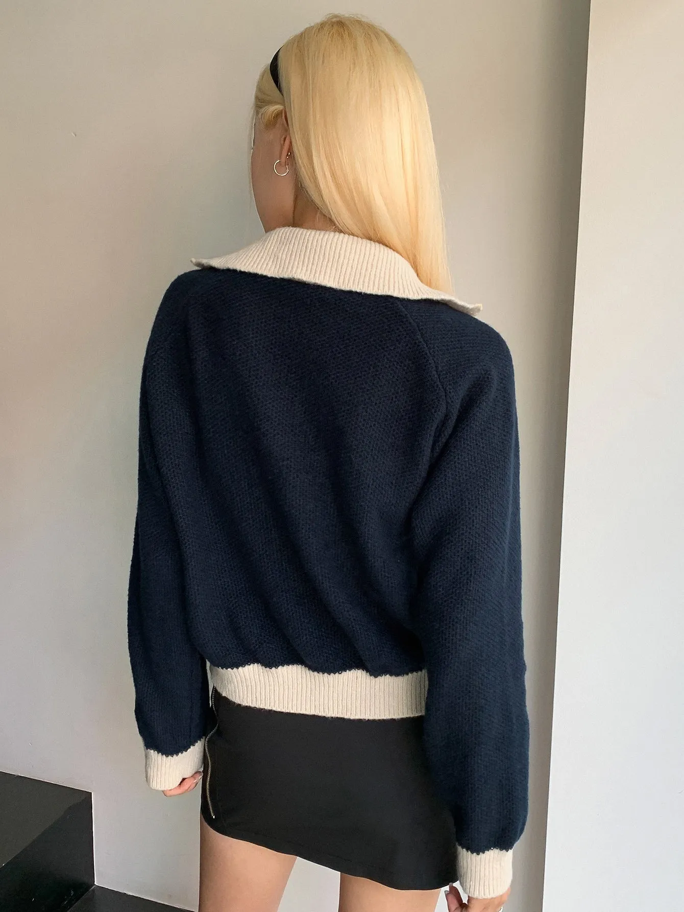 DAZY Letter Embroidered Contrast Trim Raglan Sleeve Cardigan