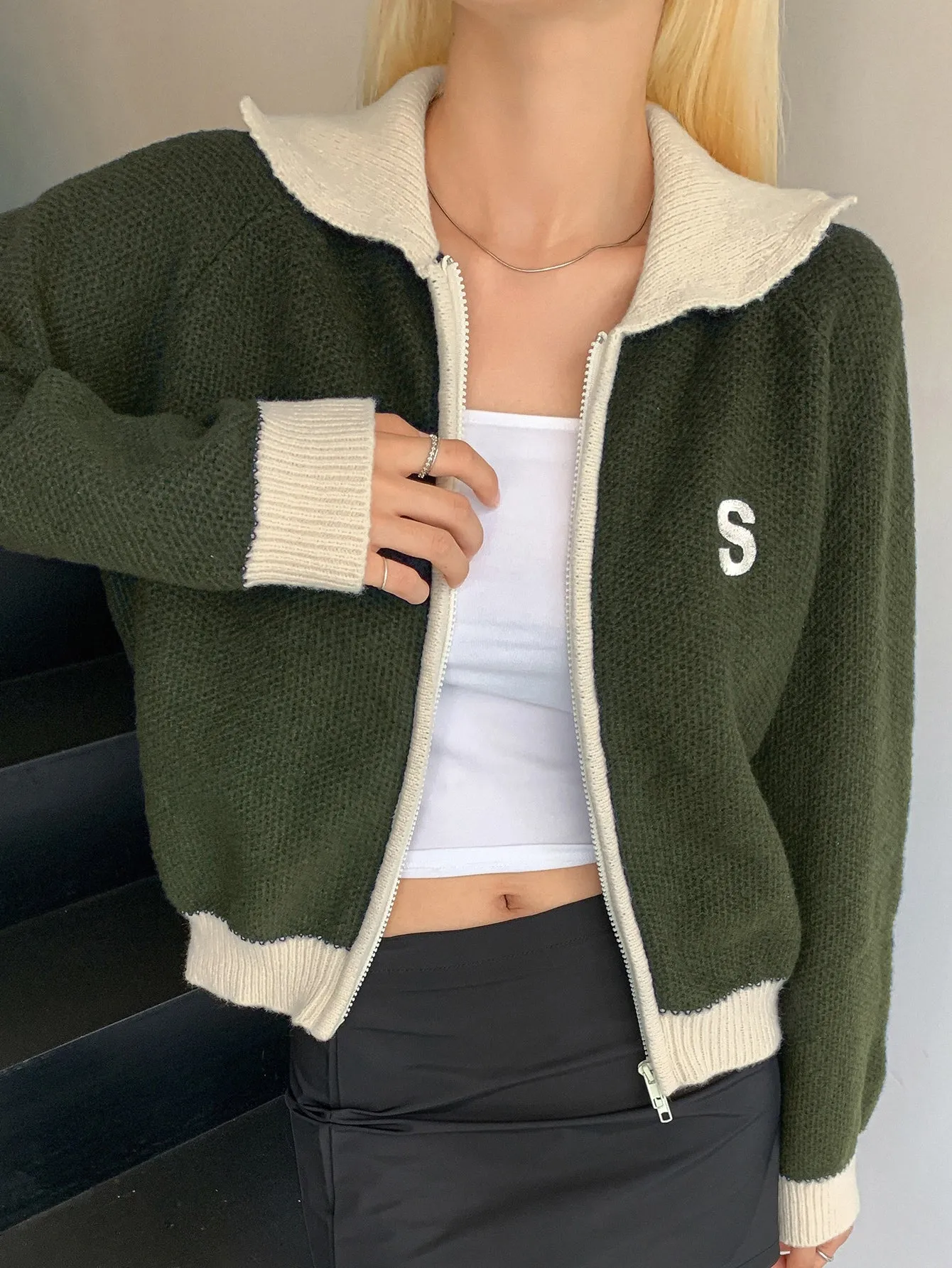 DAZY Letter Embroidered Contrast Trim Raglan Sleeve Cardigan
