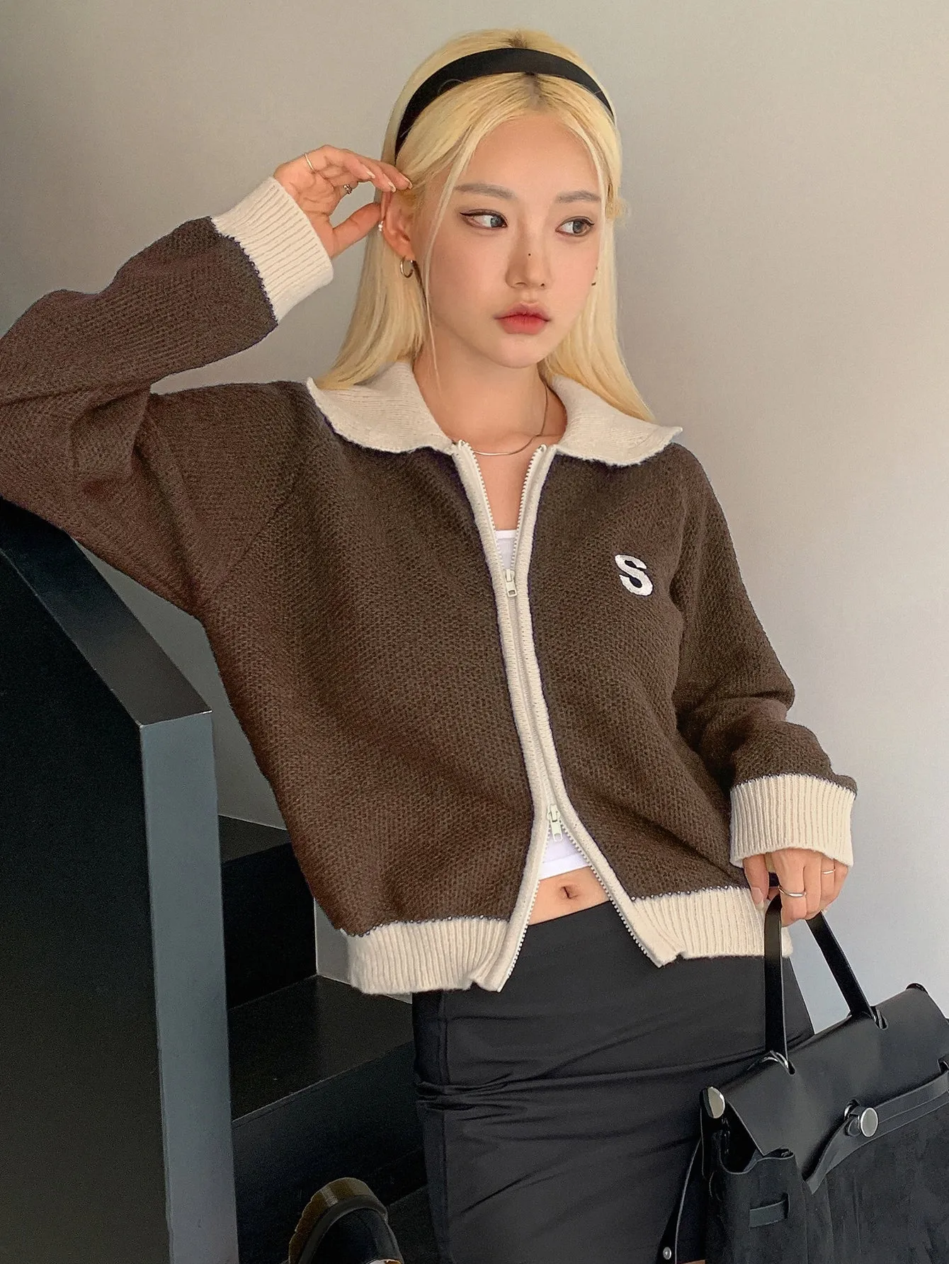 DAZY Letter Embroidered Contrast Trim Raglan Sleeve Cardigan