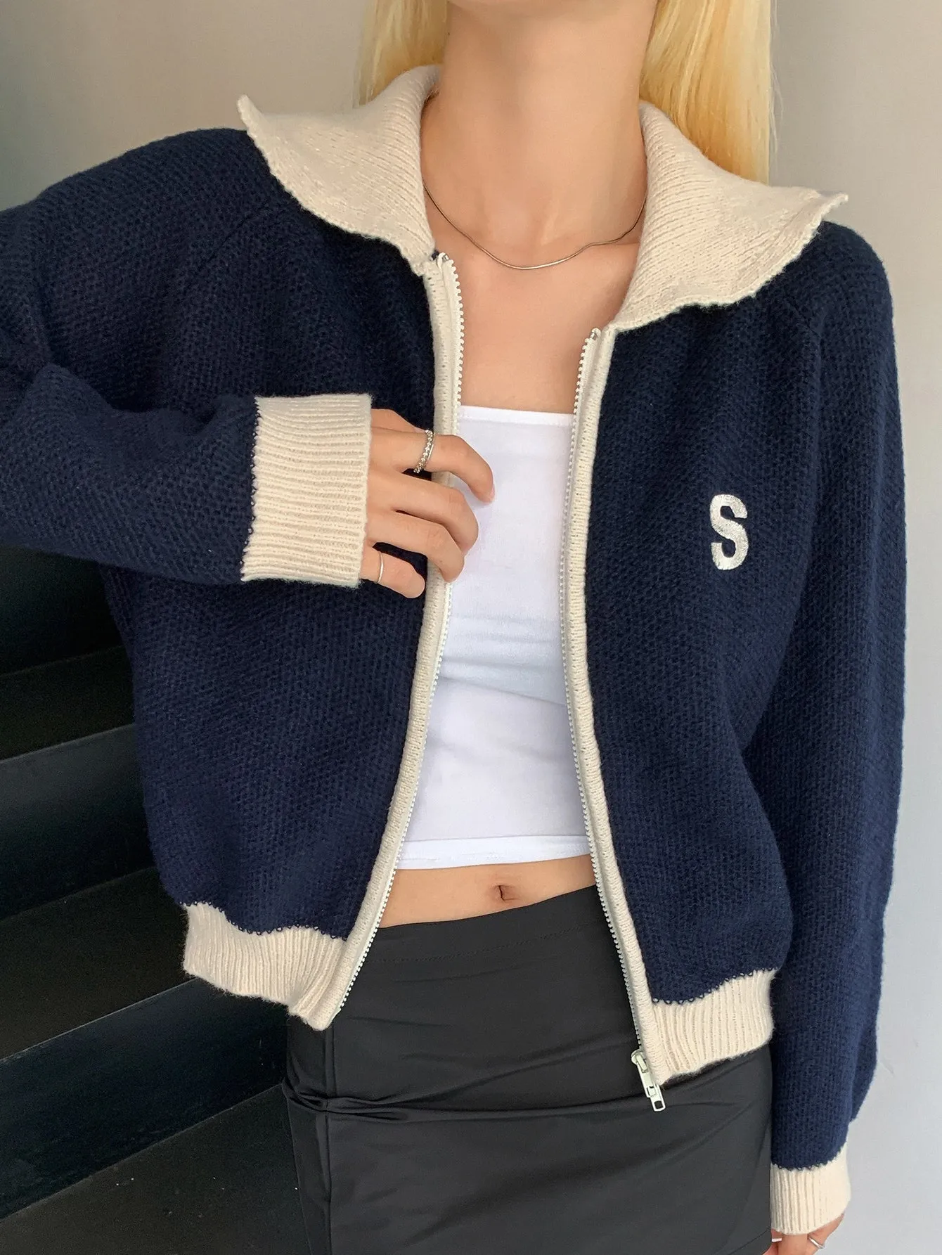 DAZY Letter Embroidered Contrast Trim Raglan Sleeve Cardigan