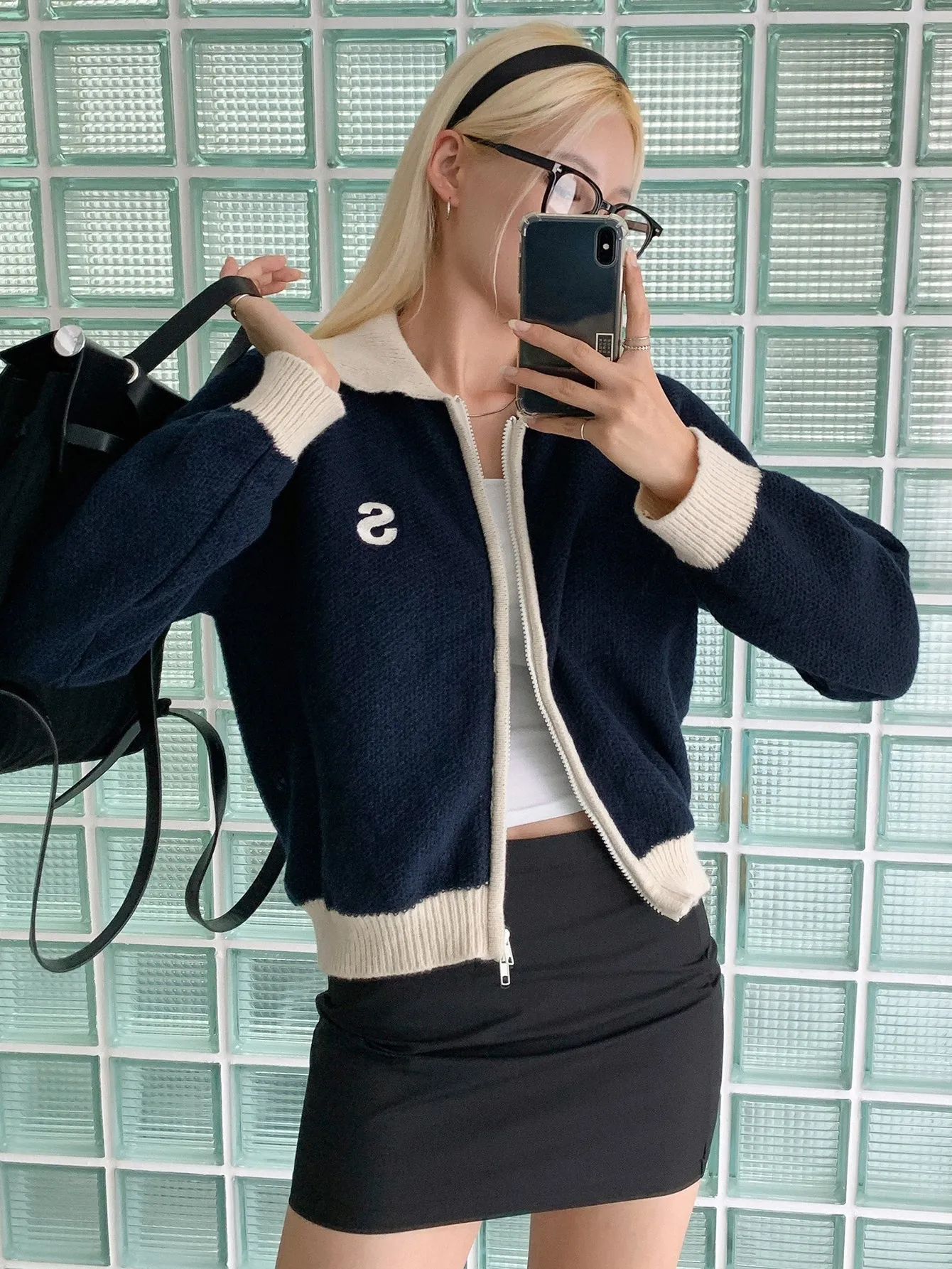 DAZY Letter Embroidered Contrast Trim Raglan Sleeve Cardigan
