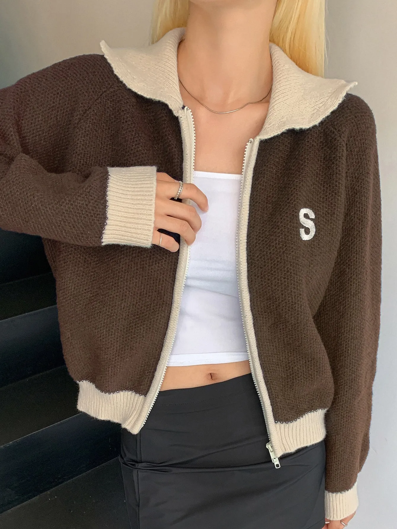 DAZY Letter Embroidered Contrast Trim Raglan Sleeve Cardigan