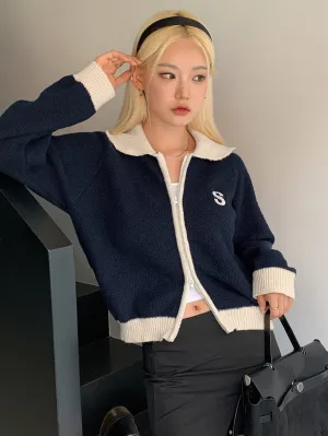 DAZY Letter Embroidered Contrast Trim Raglan Sleeve Cardigan
