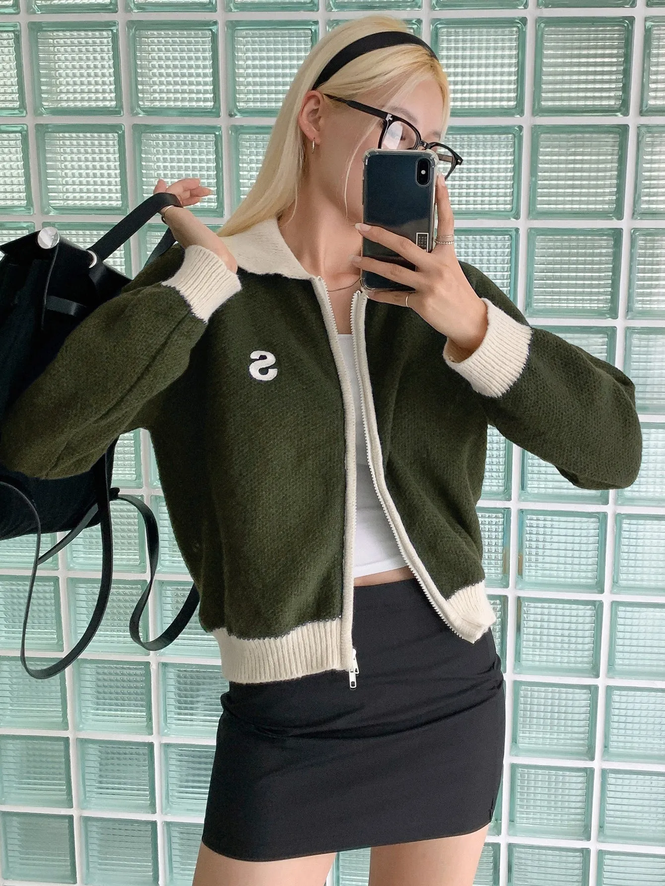 DAZY Letter Embroidered Contrast Trim Raglan Sleeve Cardigan