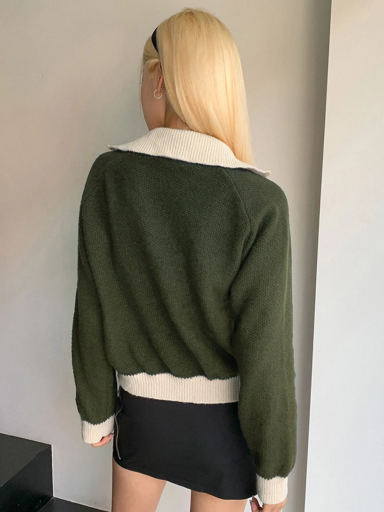 DAZY Letter Embroidered Contrast Trim Raglan Sleeve Cardigan