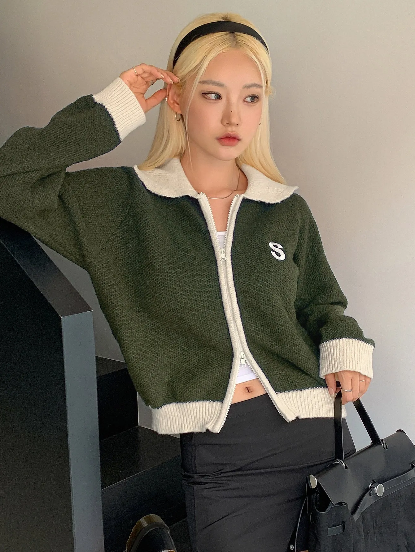 DAZY Letter Embroidered Contrast Trim Raglan Sleeve Cardigan