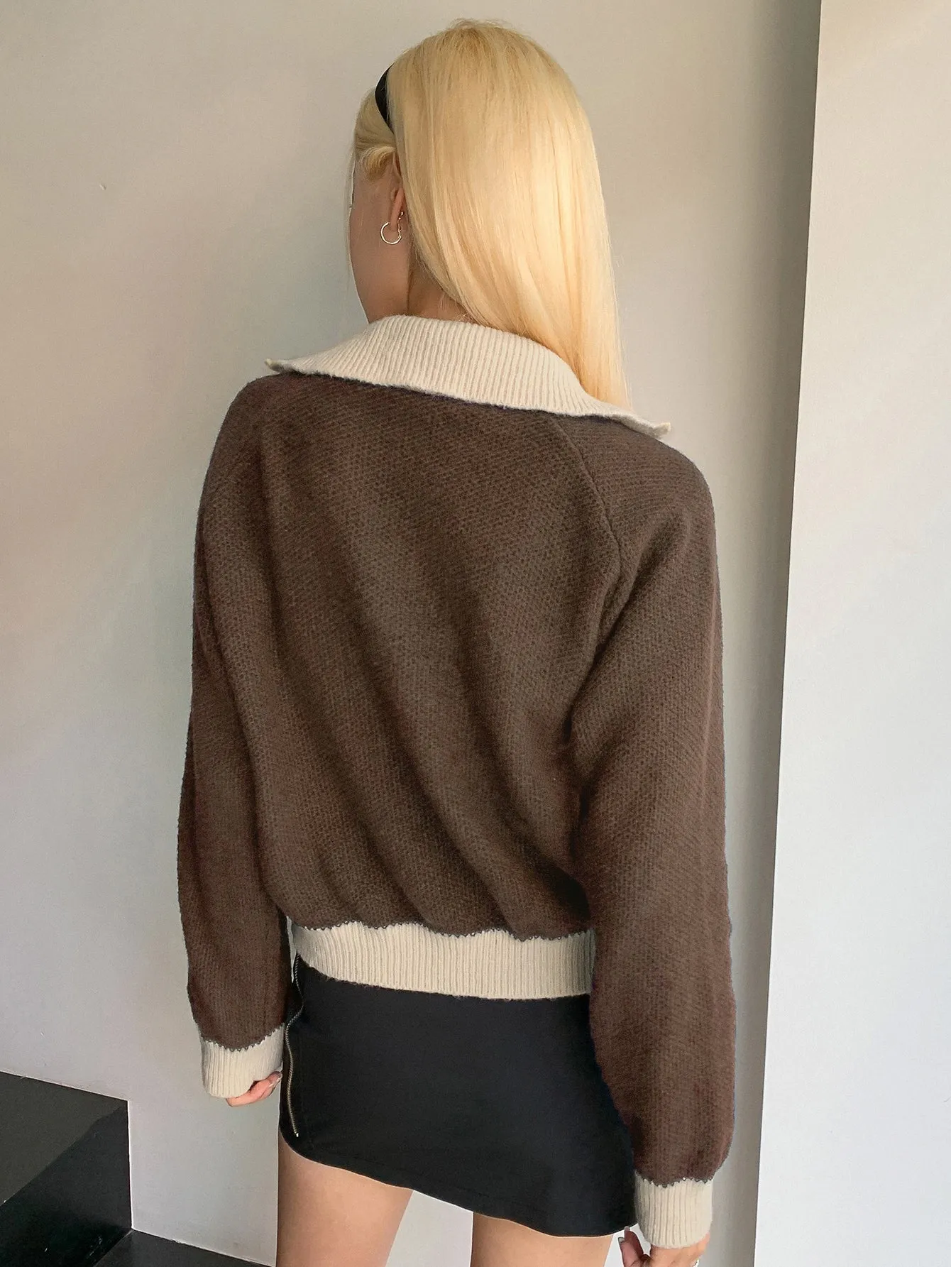 DAZY Letter Embroidered Contrast Trim Raglan Sleeve Cardigan