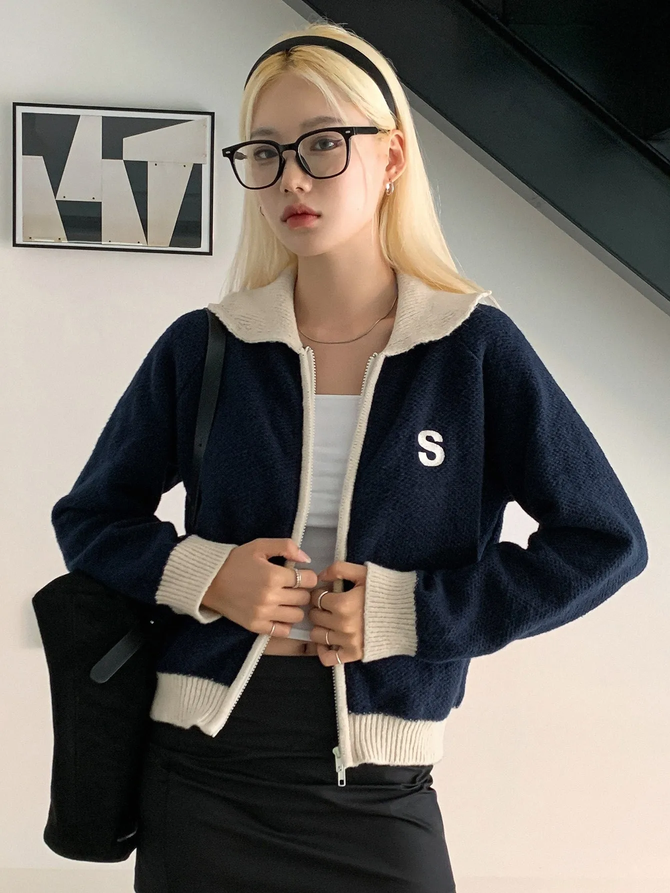 DAZY Letter Embroidered Contrast Trim Raglan Sleeve Cardigan