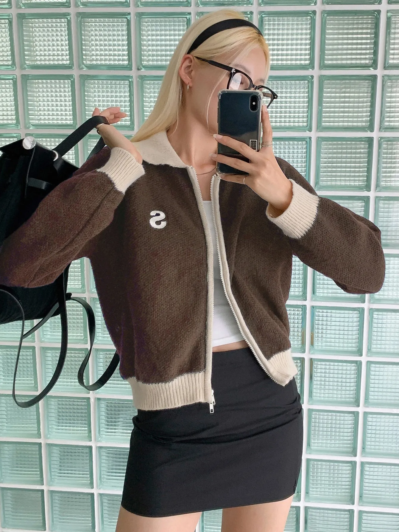 DAZY Letter Embroidered Contrast Trim Raglan Sleeve Cardigan