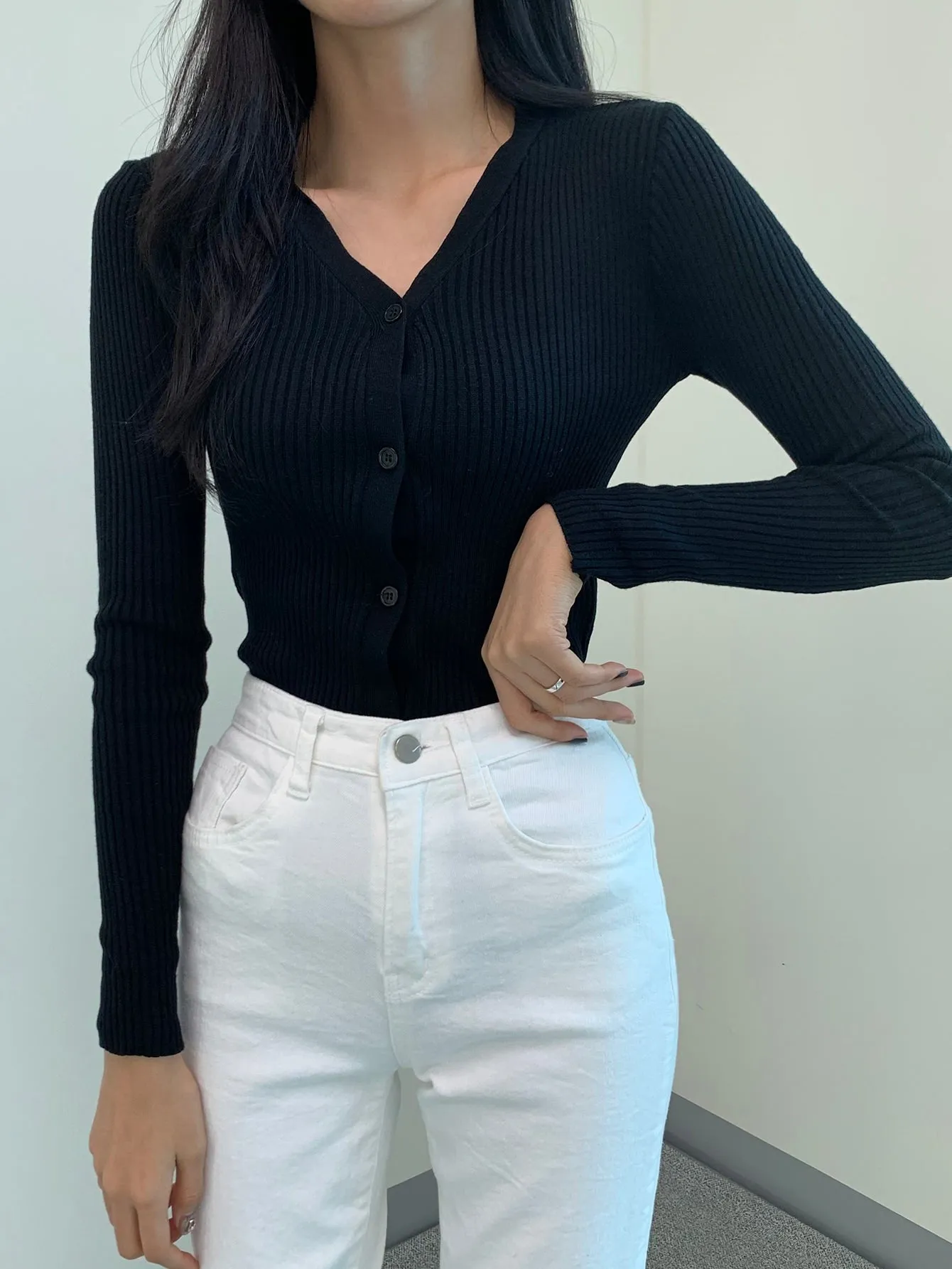 DAZY Ribbed Knit Button Front Slim Fit Cardigan