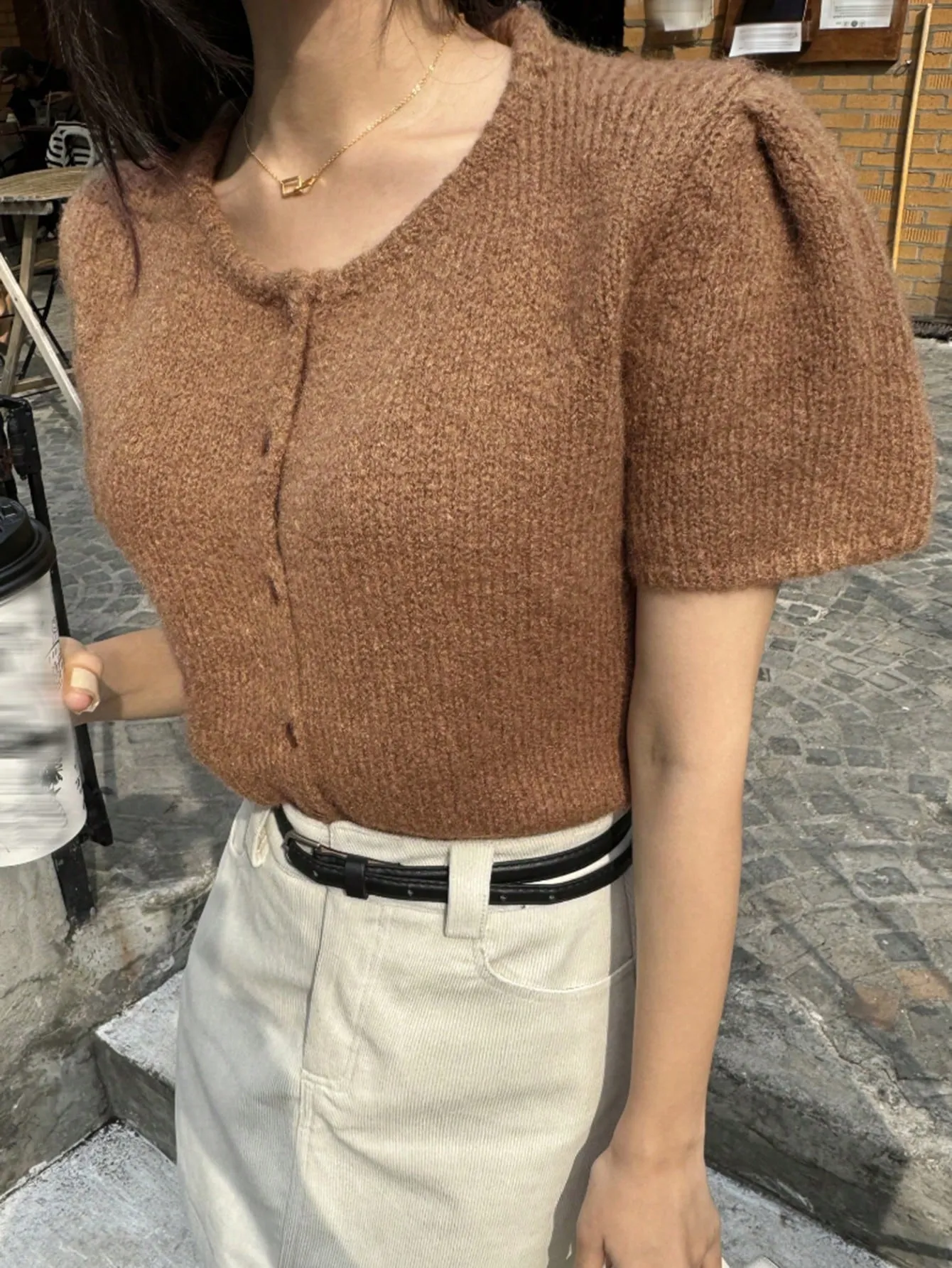 DAZY Women Short Crew Neck Cardigan With Puffed Sleeves