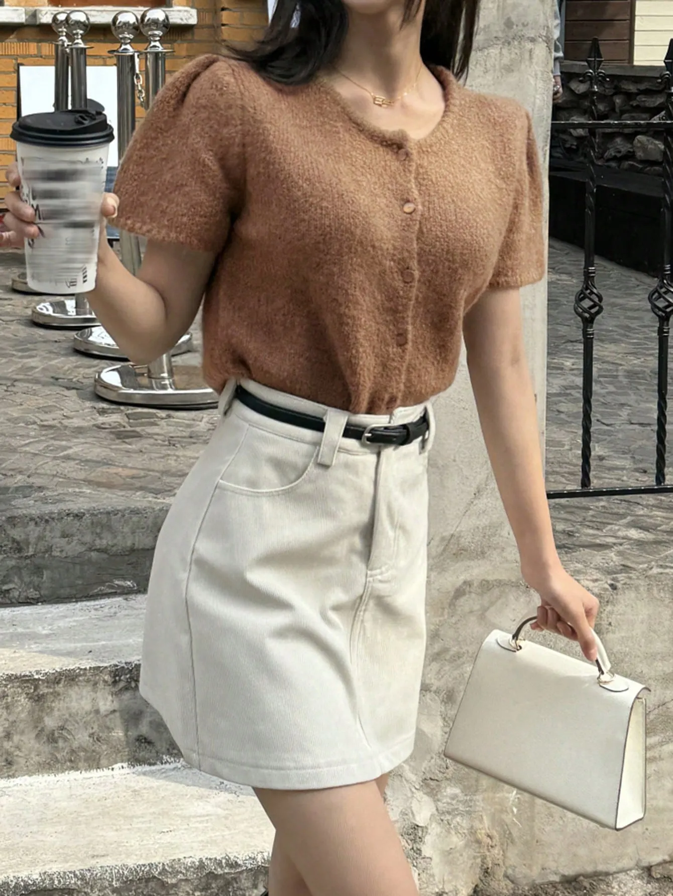 DAZY Women Short Crew Neck Cardigan With Puffed Sleeves