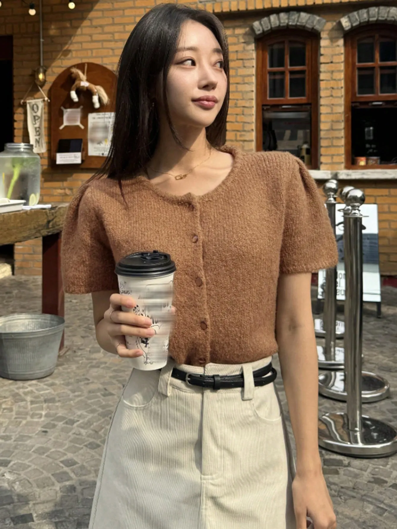 DAZY Women Short Crew Neck Cardigan With Puffed Sleeves